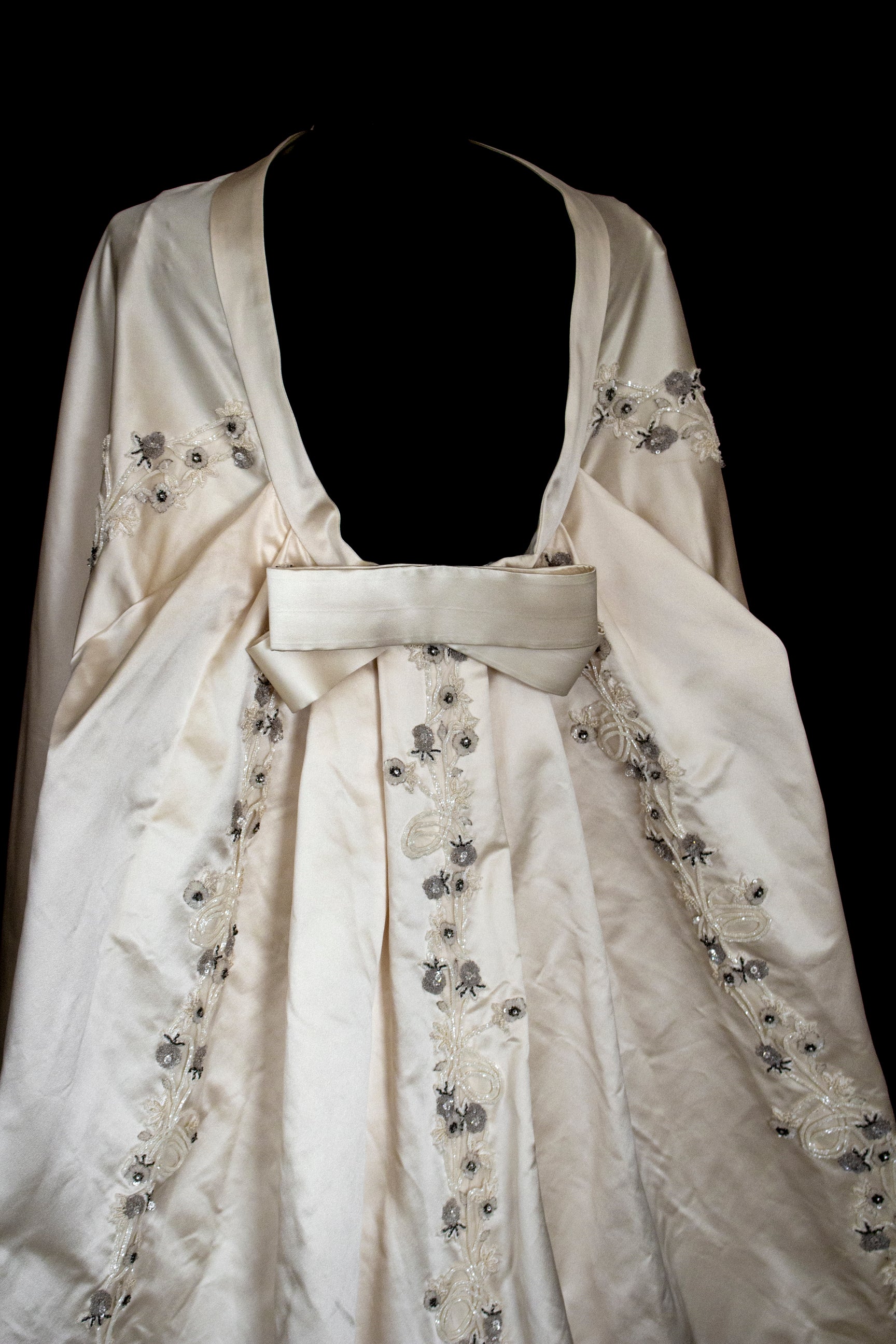 347 - UNIQUE UPCYCLED SILK SATIN WEDDING DRESS: POWDER PINK SLIP GOWN & IVORY CAPE ENSEMBLE, SILVER FLORAL EMBROIDERY, BOHO LUXURY