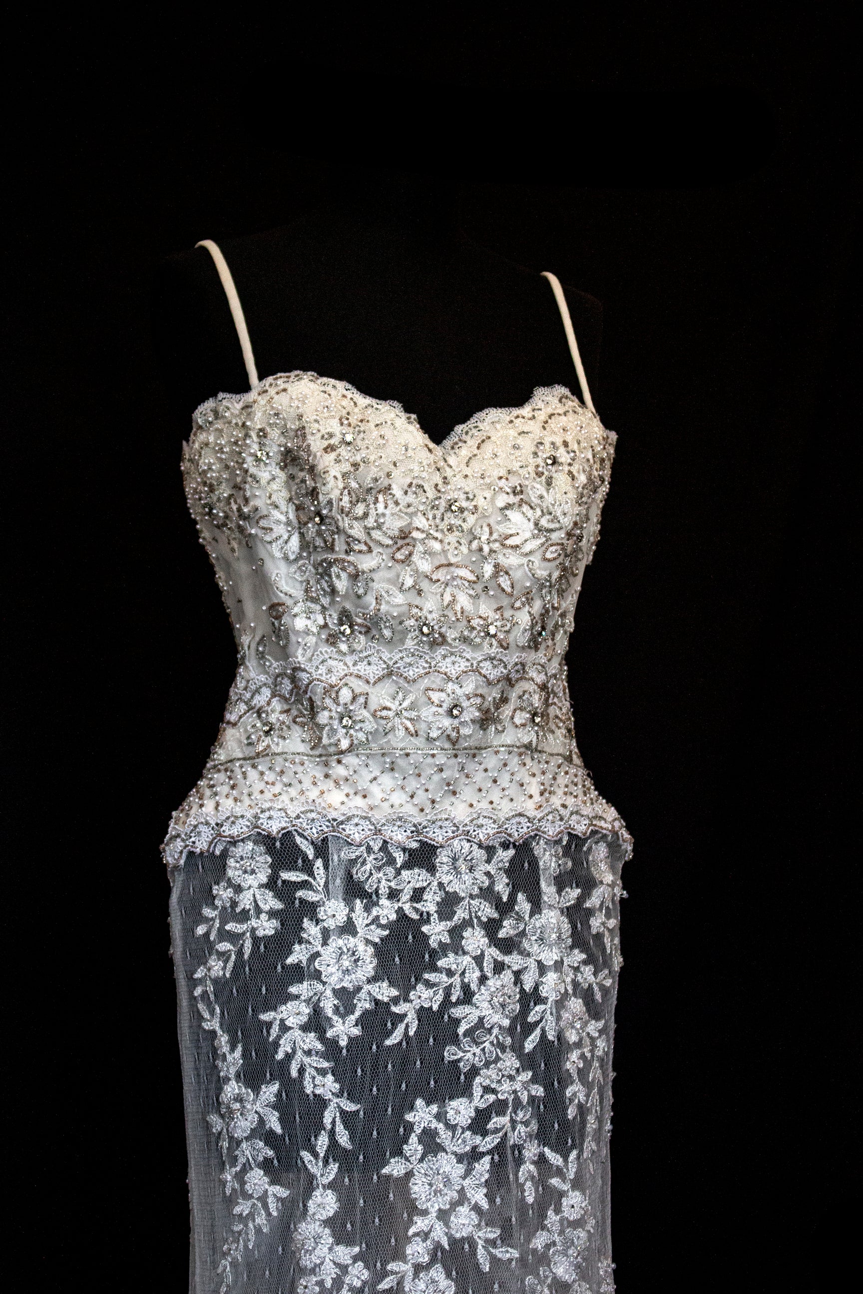 239 - VINTAGE OFF-WHITE MERMAID SWAROVSKI WEDDING DRESS: GOWN WITH NUDE POLKA DOT TULLE & SILVER FLORAL EMBROIDERY