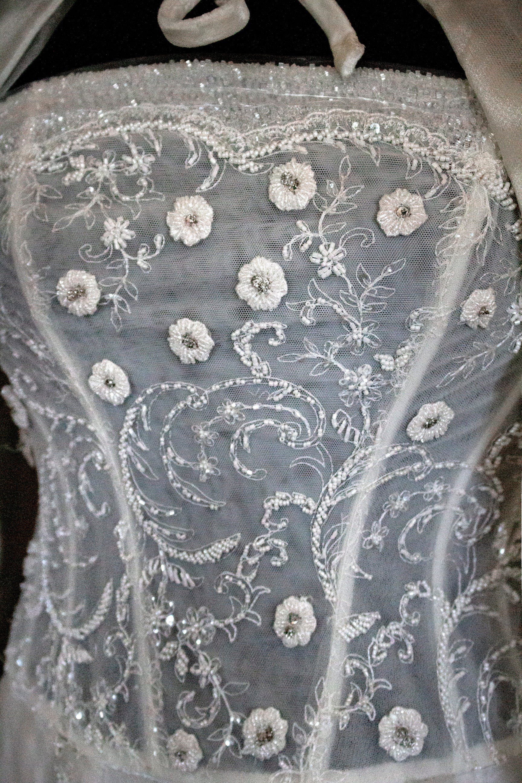365 - VINTAGE 90s UPCYCLED EMBROIDERED WEDDING DRESS: STRAPLESS WRAP GOWN WITH IRIDESCENT DRAMA CAPE