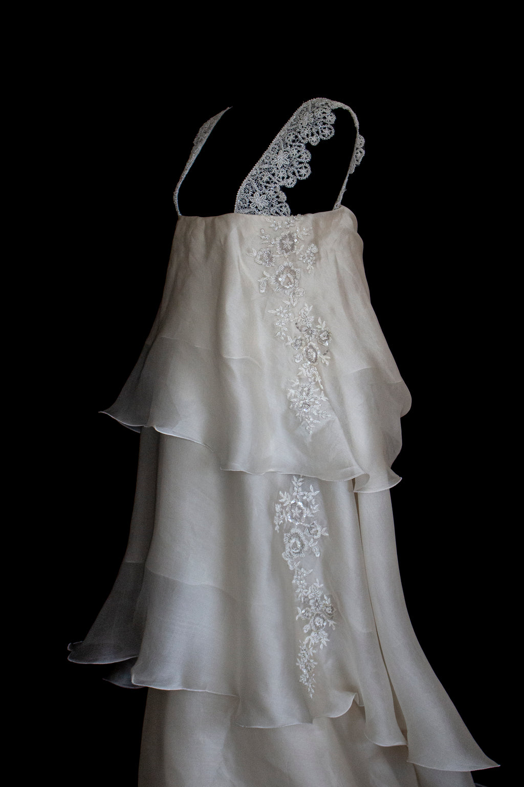 344 - UNIQUE UPCYCLED SILK ORGANZA WEDDING DRESS: PEARL GREY & BRONZE RUFFLED GOWN, SILVER EMBROIDERY, LUXURY SUSTAINABLE BRIDAL DRESS - Vague atelier