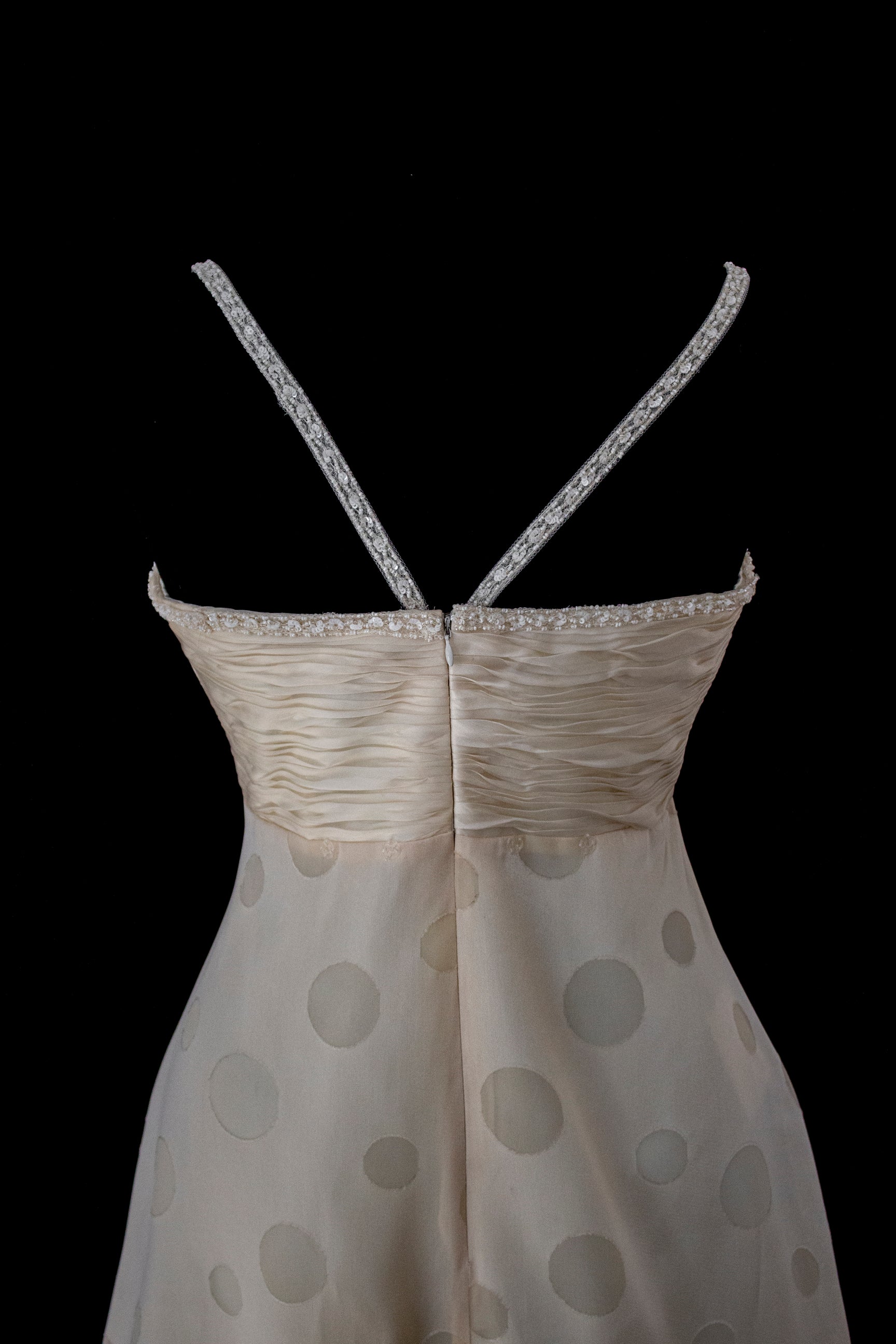 338 - IVORY CHAMPAGNE SILK ORGANZA WEDDING DRESS: POLKA / POIS DOT EMPIRE GOWN WITH BEADED STRAPS & FULL CIRCLE TRAIN - Vague atelier