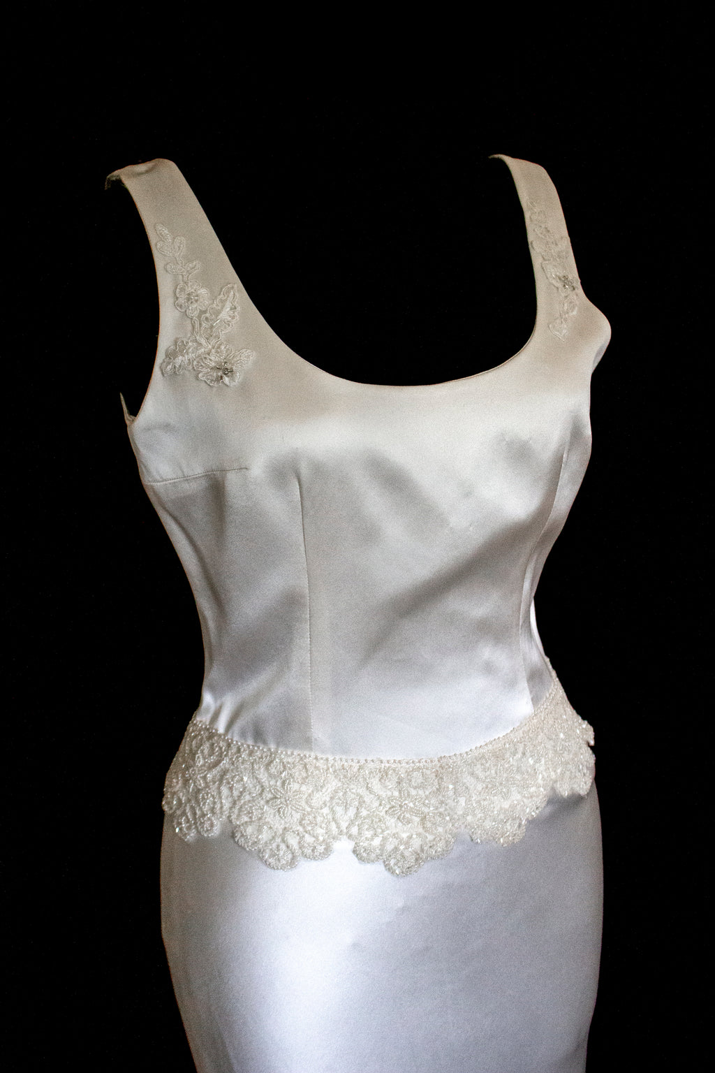 360 - VINTAGE SLIP STYLE WEDDING DRESS: CREAM FLUID SATIN GOWN WITH EMBROIDERED TULLE CAPE