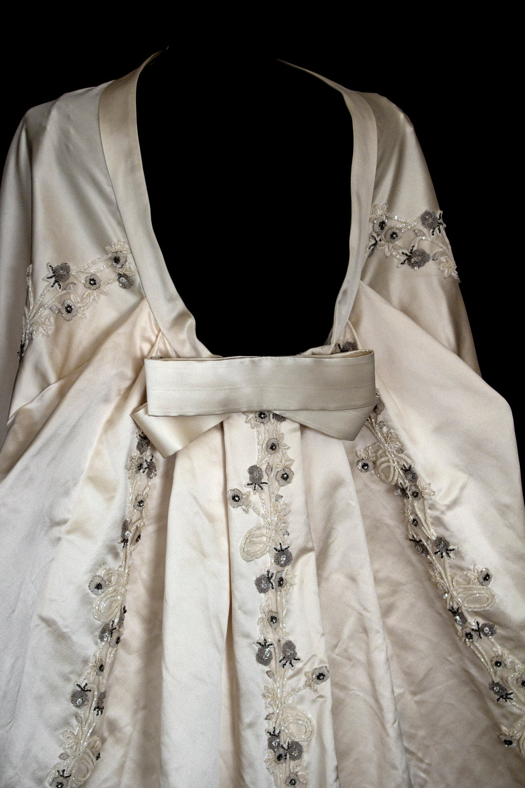 347 - UNIQUE UPCYCLED SILK SATIN WEDDING DRESS: POWDER PINK SLIP GOWN & IVORY CAPE ENSEMBLE, SILVER FLORAL EMBROIDERY, BOHO LUXURY