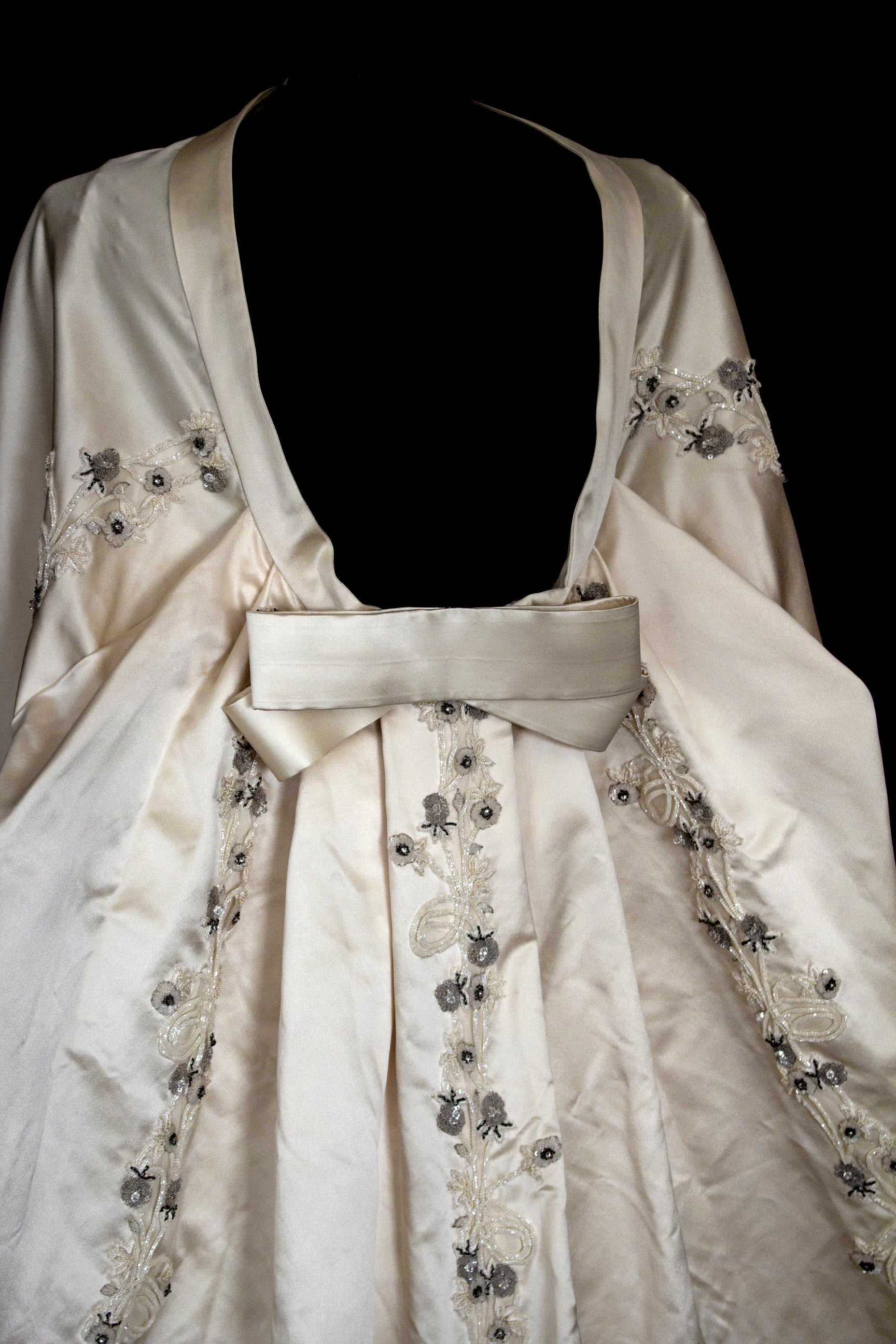347 - UNIQUE UPCYCLED SILK SATIN WEDDING DRESS: POWDER PINK SLIP GOWN & IVORY CAPE ENSEMBLE, SILVER FLORAL EMBROIDERY, BOHO LUXURY