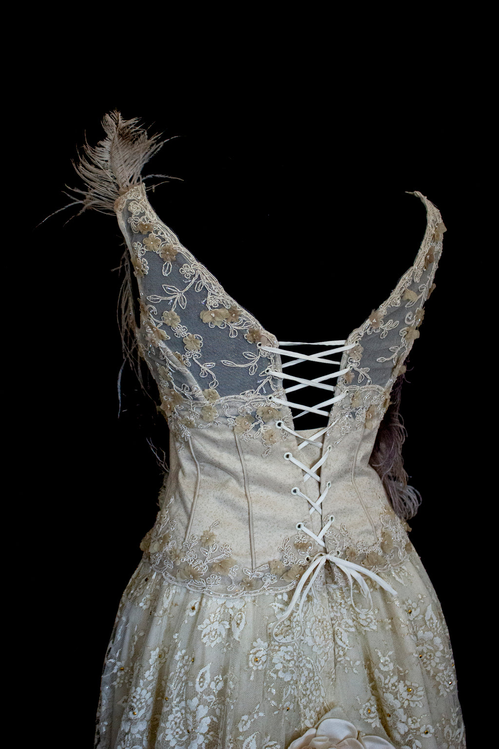 349 - UNIQUE VINTAGE TWO-PIECE WEDDING DRESS: GOLD LACE A-LINE SKIRT & BUSTIER WITH ANTIQUE FEATHERS, 90S LUXURY BRIDAL ENSEMBLE, BOHO ROMANTIC