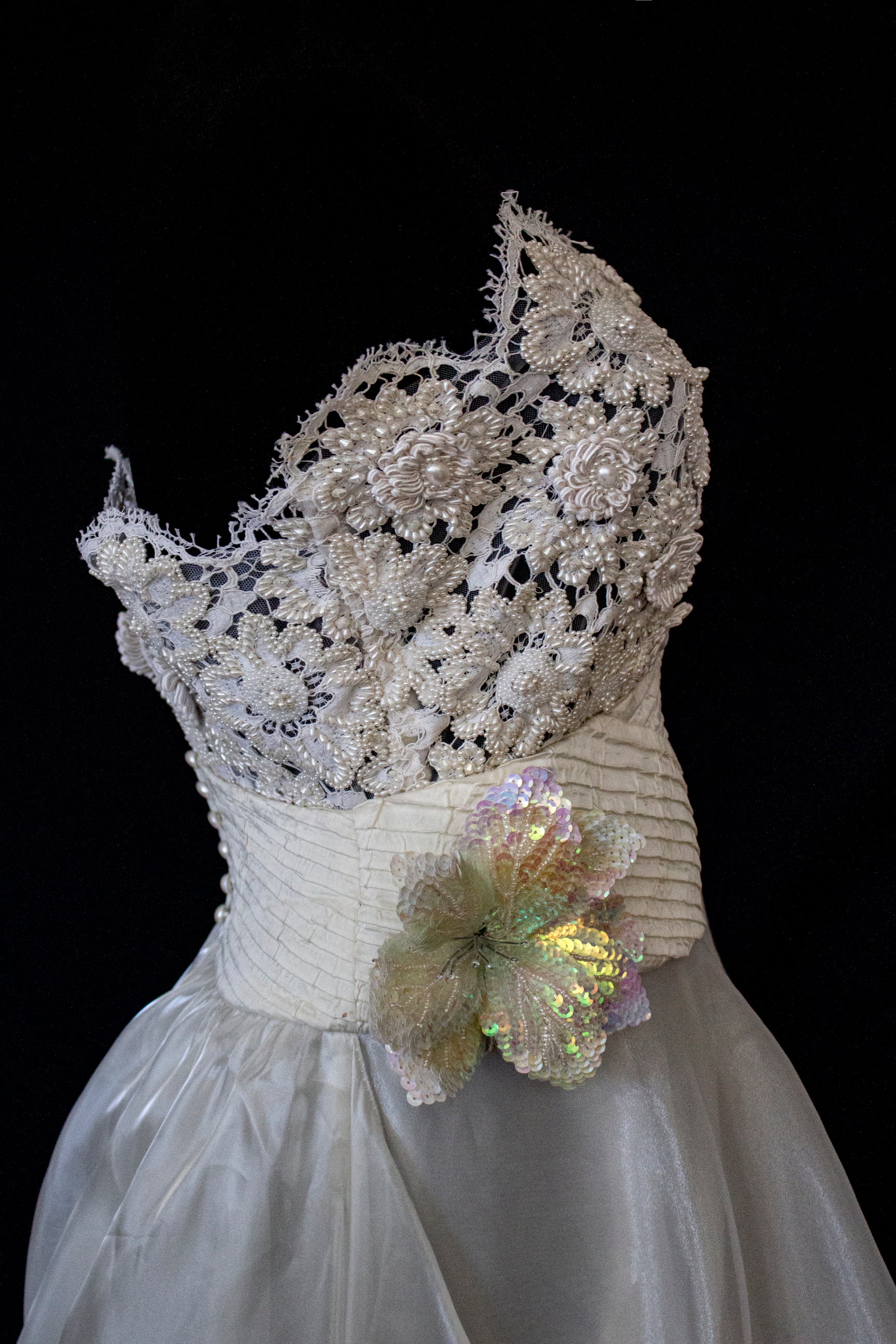 352 - UNIQUE 80S VINTAGE UPCYCLED WEDDING DRESS: EMPIRE WAIST SILK BRIDAL GOWN WITH IRIDESCENT ORGANZA & SEQUIN MAXI FLOWERS - Vague atelier
