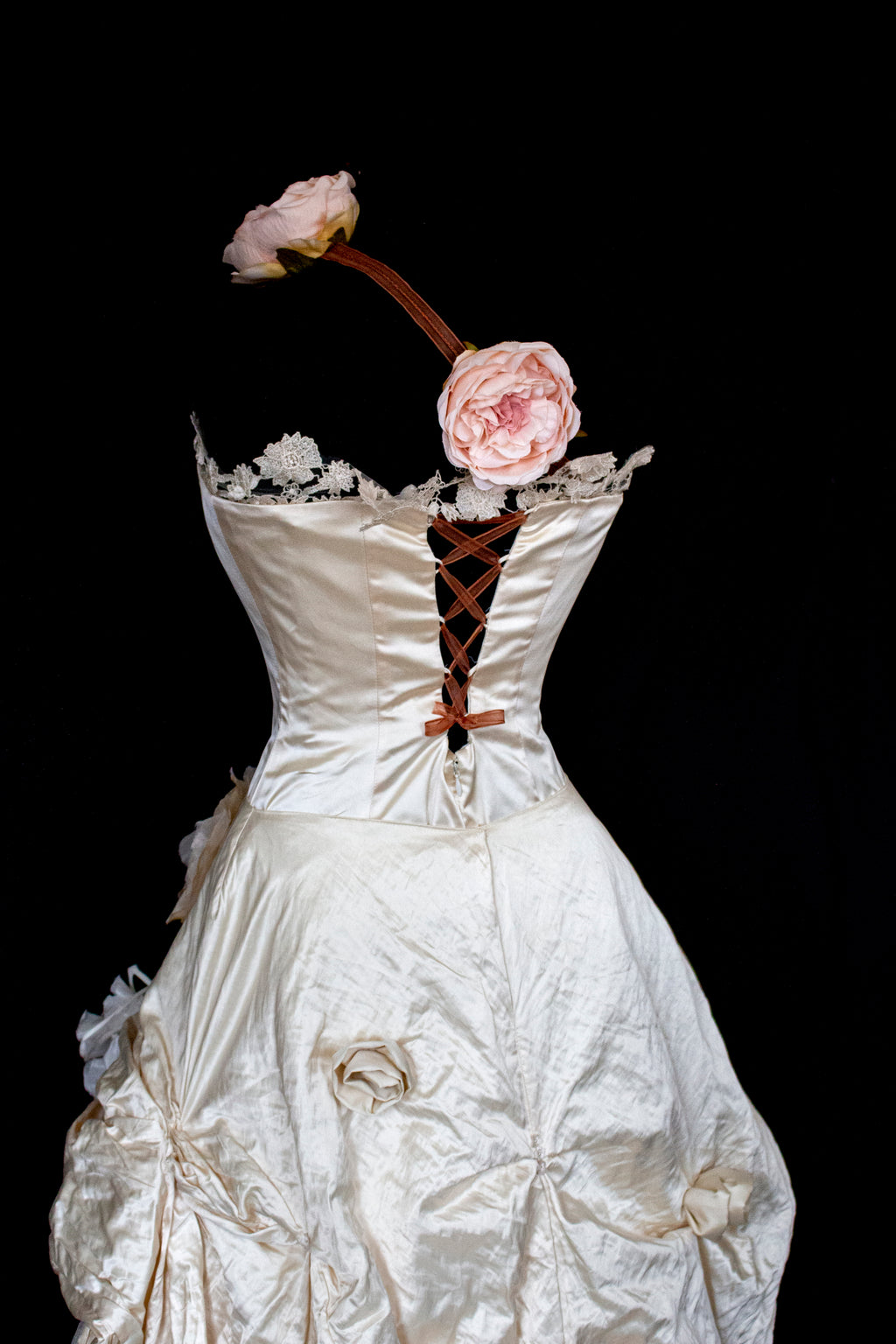 348 - UNIQUE UPCYCLED SILK MERMAID WEDDING DRESS: 90S CREAM TAFFETA GOWN WITH PINK PEONIES, EMBOSSED FLORAL DETAILS & BOHO ROMANTIC STYLE