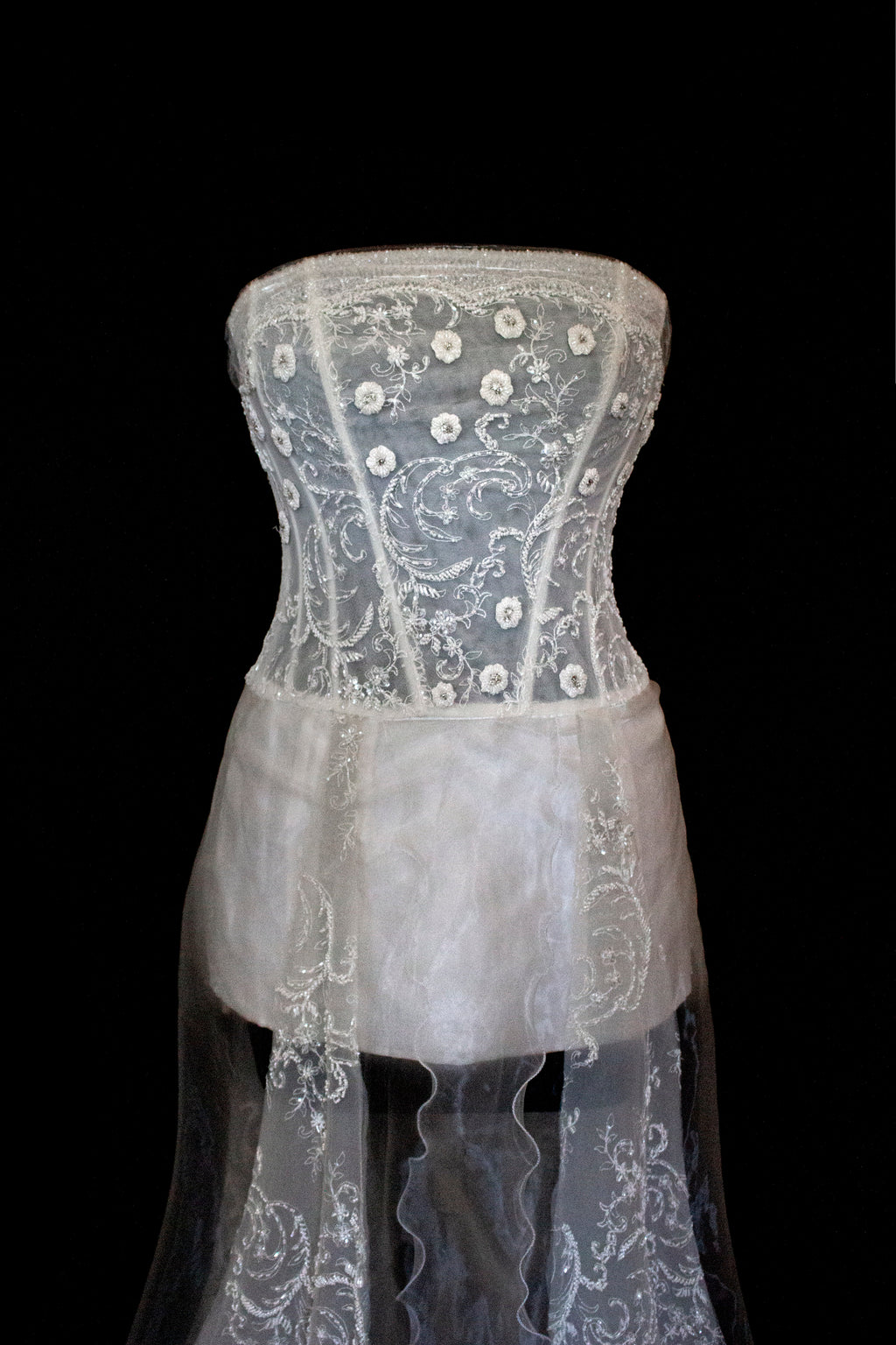 365 - VINTAGE 90s UPCYCLED EMBROIDERED WEDDING DRESS: STRAPLESS WRAP GOWN WITH IRIDESCENT DRAMA CAPE