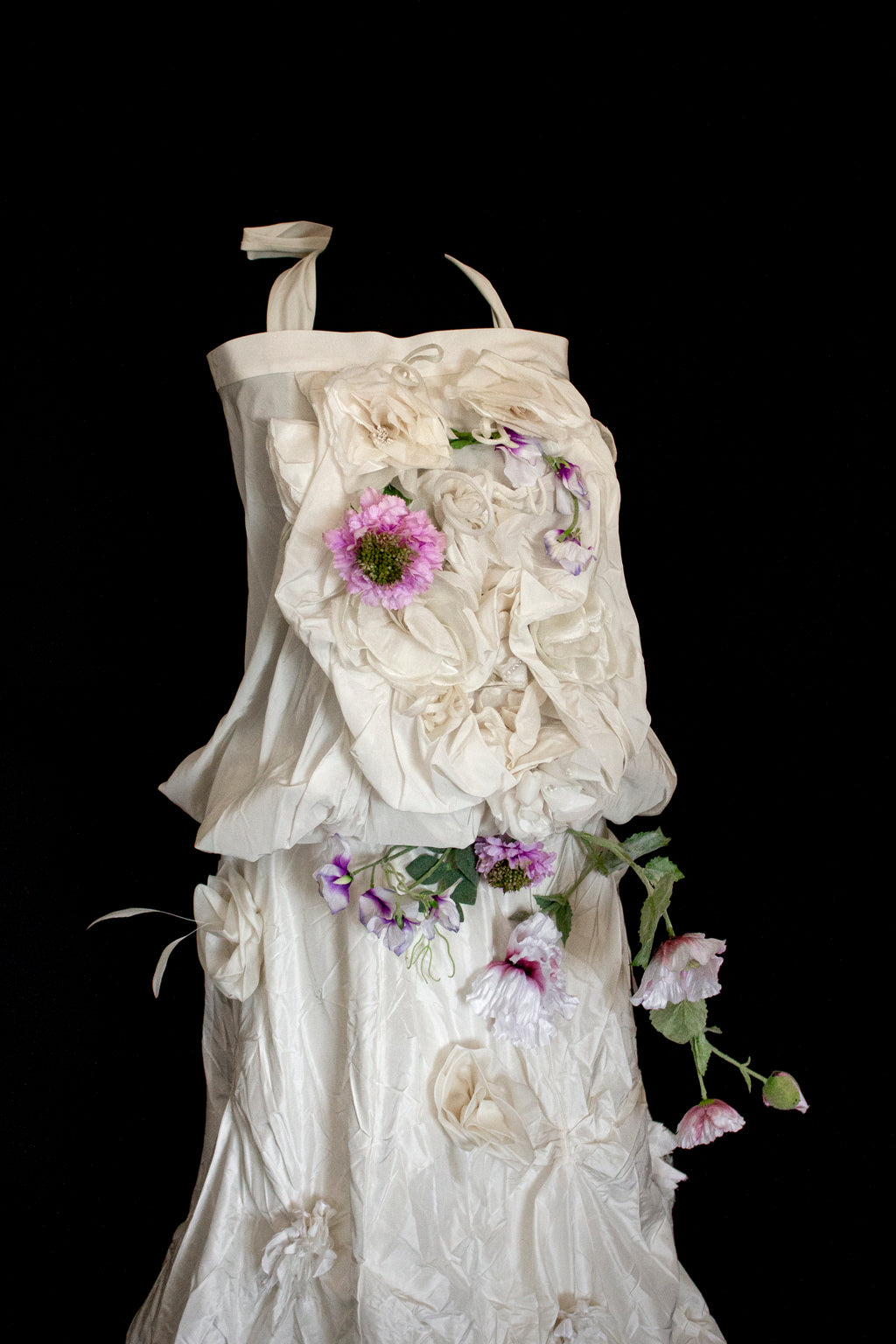 297- UNIQUE ROMANTIC VINTAGE SILK TAFFETA ENSEMBLE: BALLOON TOP & 3D MULTICOLOR FLORAL SKIRT - Vague atelier
