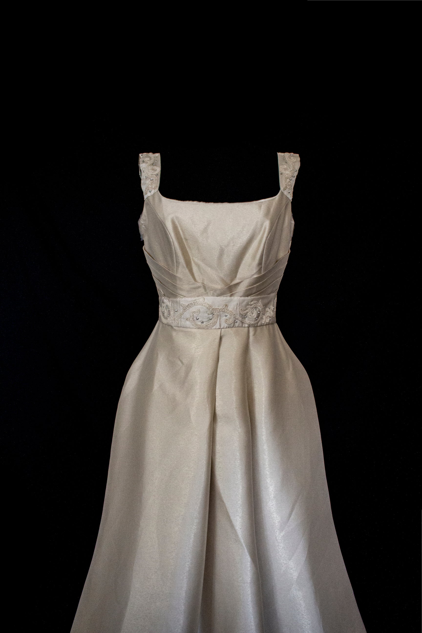 307 - REGAL BRONZE SILK MIKADO WEDDING DRESS: A-LINE GOWN WITH ANTIQUE 1960S EMBROIDERY