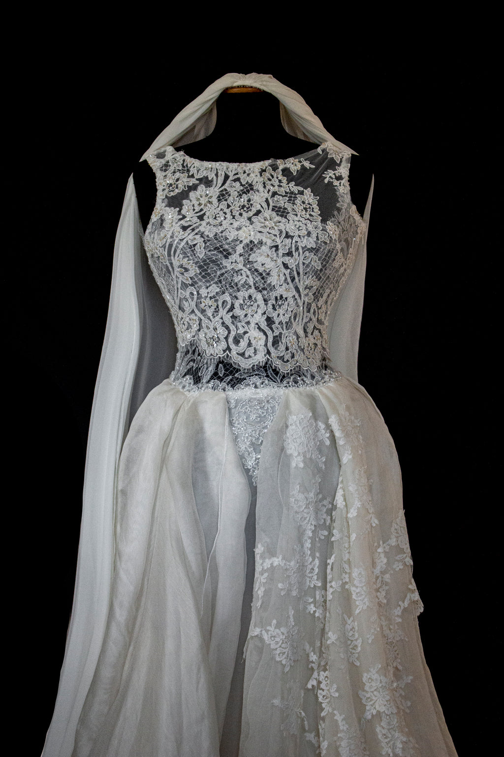 331 - ONE OF A KIND UPCYCLED VINTAGE BRIDAL GOWN: ASYMMETRIC LAYERED SILK CLOUD SKIRT & EMBROIDERED LACE - Vague atelier