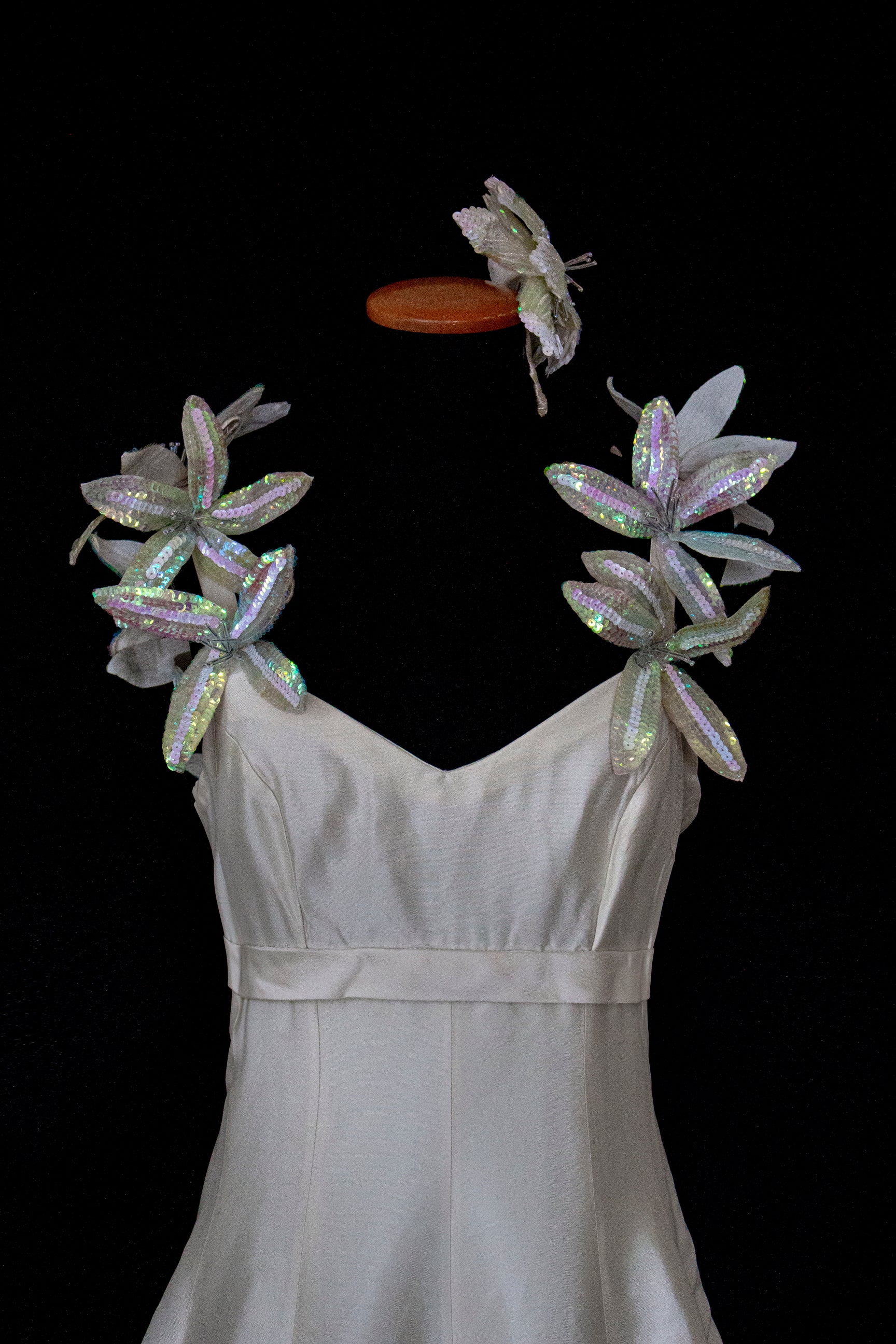 262 - RARE VINTAGE CHAMPAGNE BRIDAL GOWN: SILK MIKADO WITH AUTHENTIC 80S SEQUIN MAXI FLOWERS