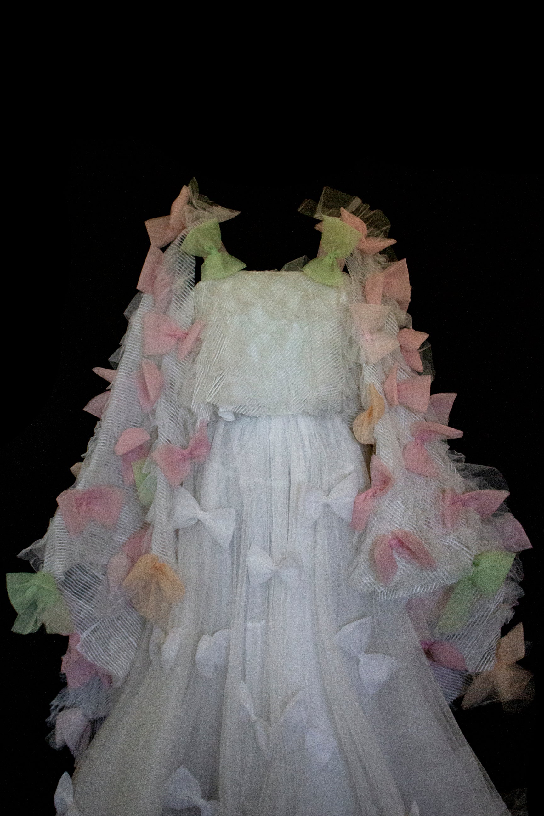 363 - VINTAGE 90s UPCYCLED TULLE 3-PIECE WEDDING DRESS: EMBROIDERED GOWN WITH HANDMADE BOWS AND CAPE