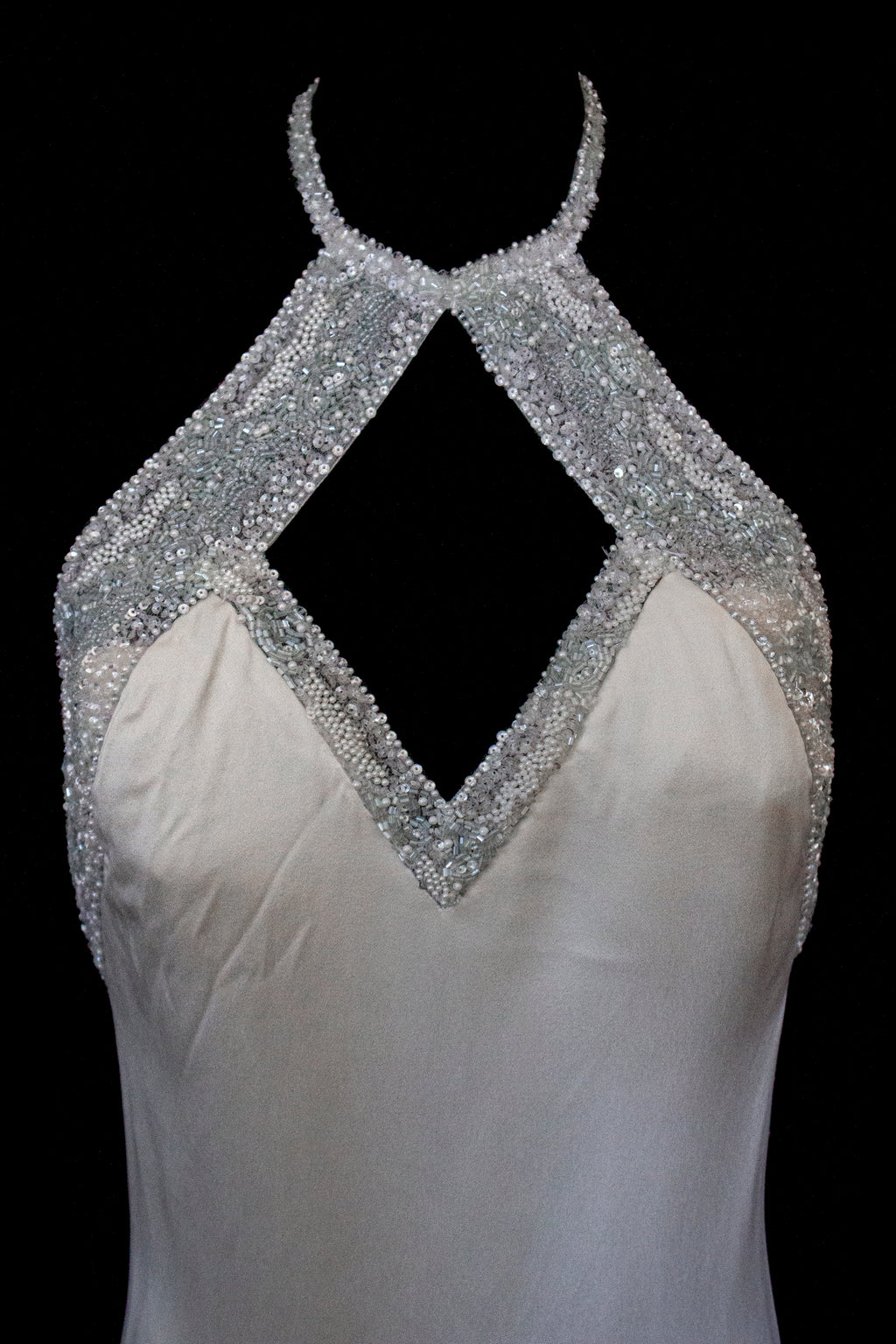 291 - OLD HOLLYWOOD VINTAGE MERMAID BRIDAL GOWN: BACKLESS SILK SATIN & ART DECO SILVER BEADING