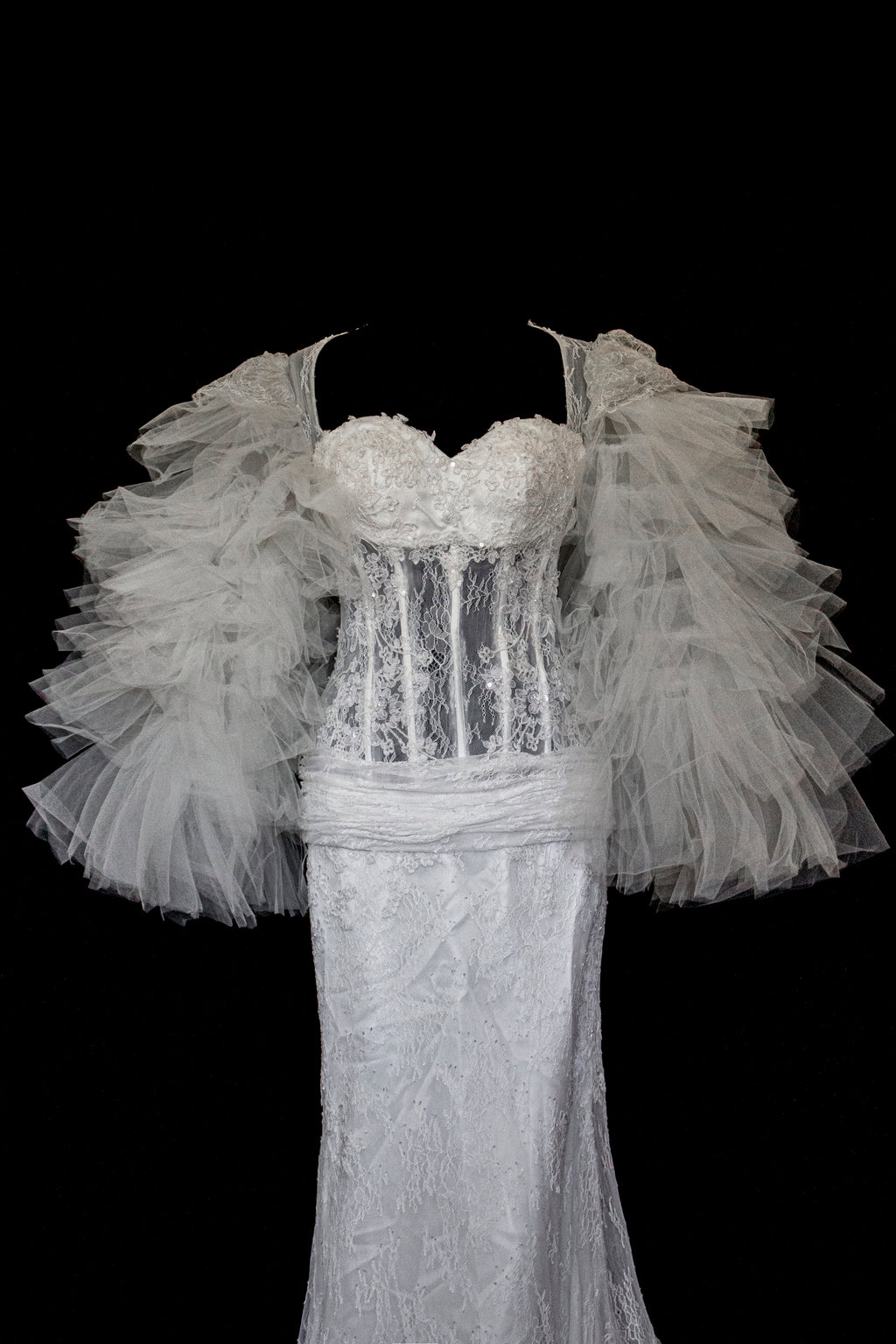 281 - SENSUAL BACKLESS BRIDAL GOWN: NUDE EFFECT EMBROIDERY & VAPOROUS TULLE RUFFLE SLEEVES