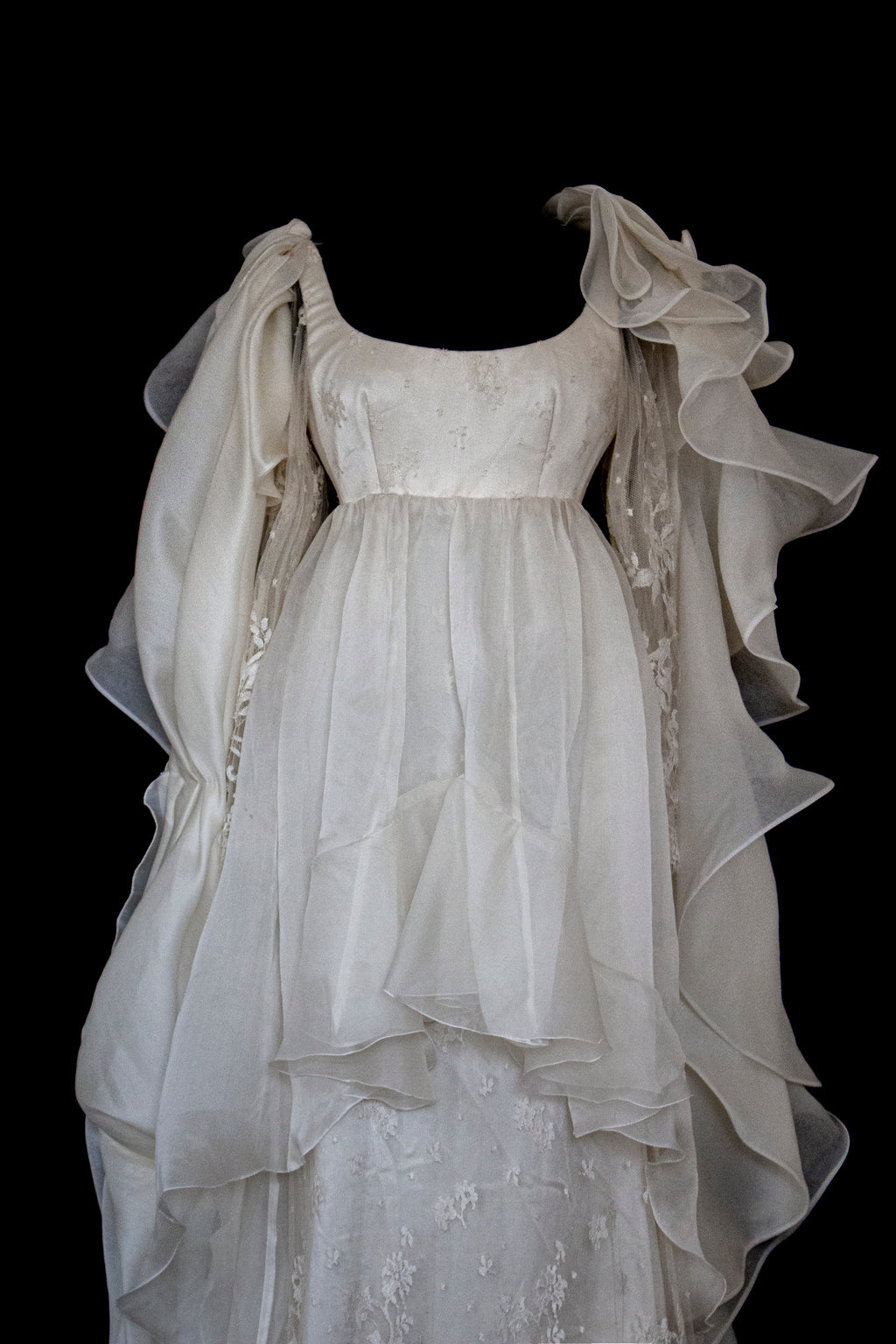 340 - OFF-WHITE SILK ORGANZA & ECRU LACE UPCYCLED WEDDING DRESS: UNIQUE EMPIRE GOWN WITH PLEATED WINGS
