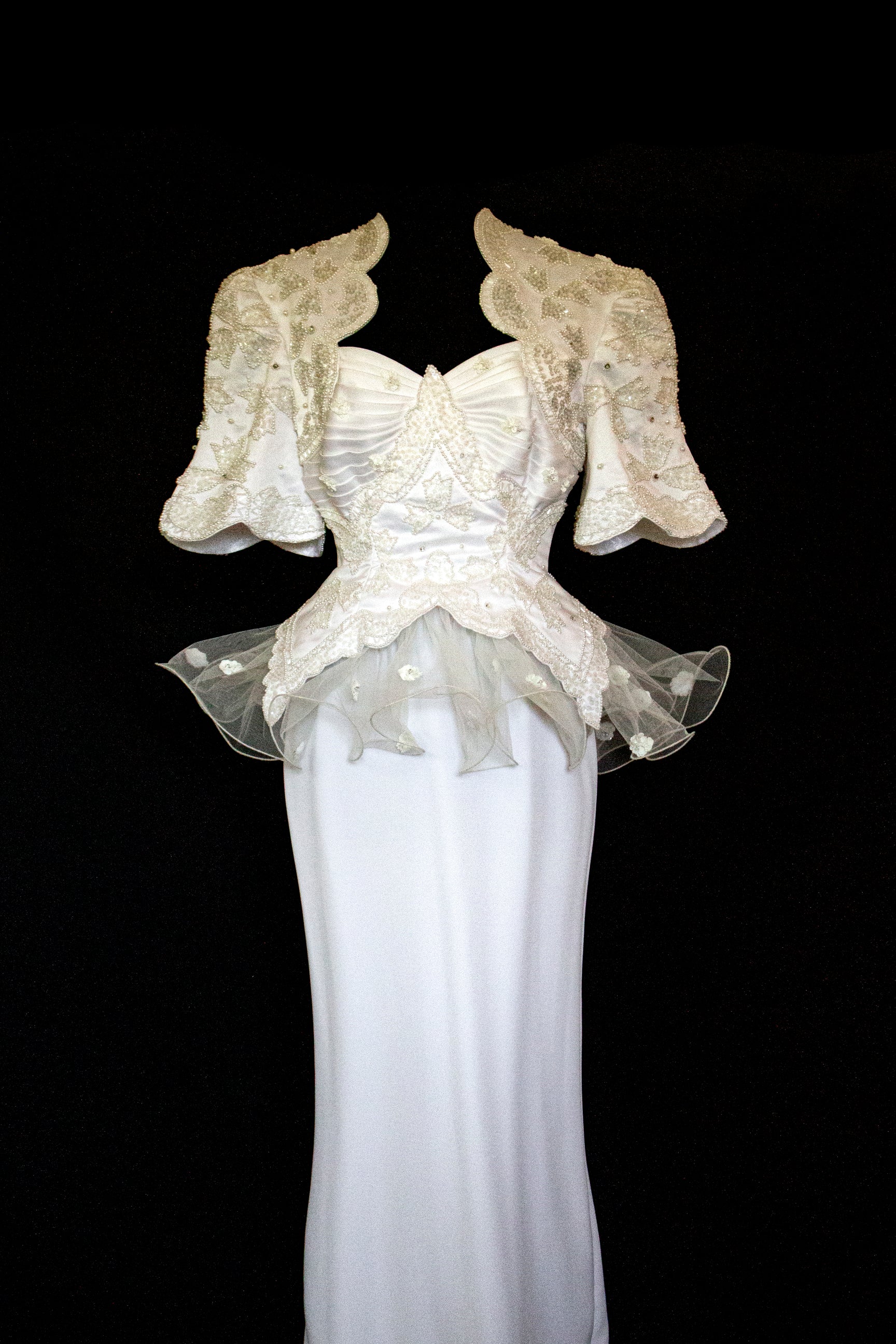 Vintage 80s Sheath Wedding Dress | Hand Embroidered Bridal Gown with Slit - 366