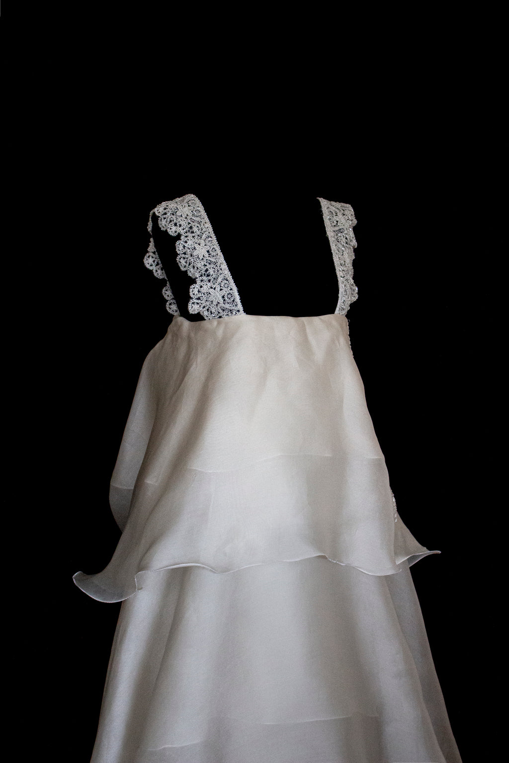 344 - UNIQUE UPCYCLED SILK ORGANZA WEDDING DRESS: PEARL GREY & BRONZE RUFFLED GOWN, SILVER EMBROIDERY, LUXURY SUSTAINABLE BRIDAL DRESS - Vague atelier