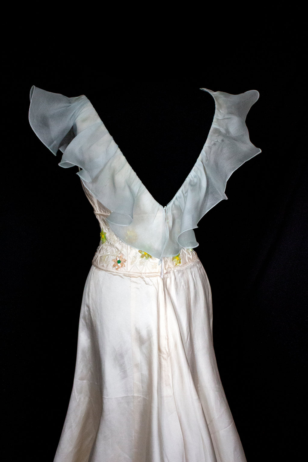 346 - UNIQUE UPCYCLED SILK TAFFETA WEDDING DRESS: PALE PINK MIKADO GOWN WITH MINT RUFFLE, SEQUIN FLORAL EMBROIDERY & MAXI STOLE