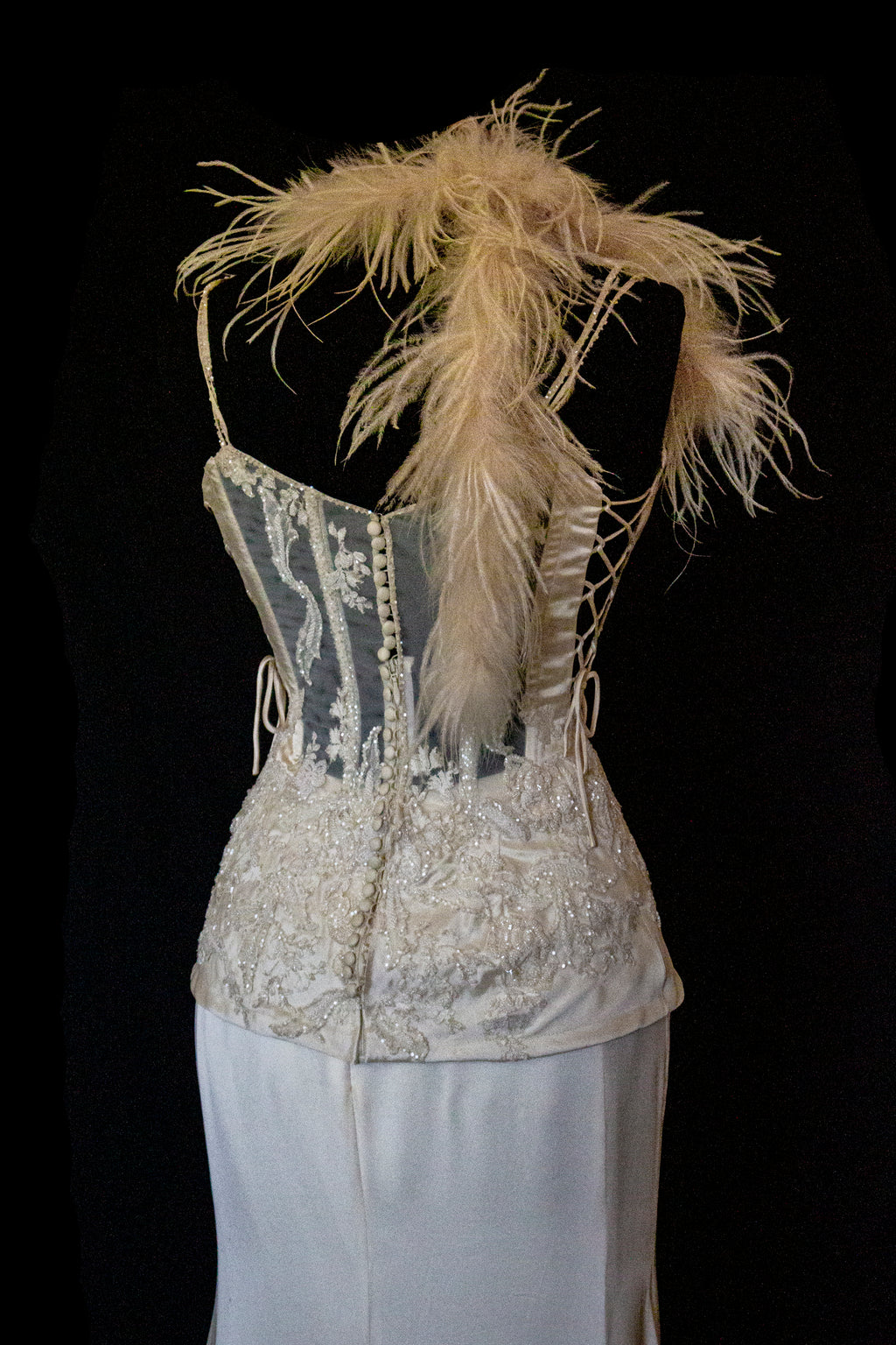 362 - VINTAGE 90s SILK BRIDAL TWO PIECE SET: EMBROIDERED BUSTIER AND FLUID CREAM SKIRT