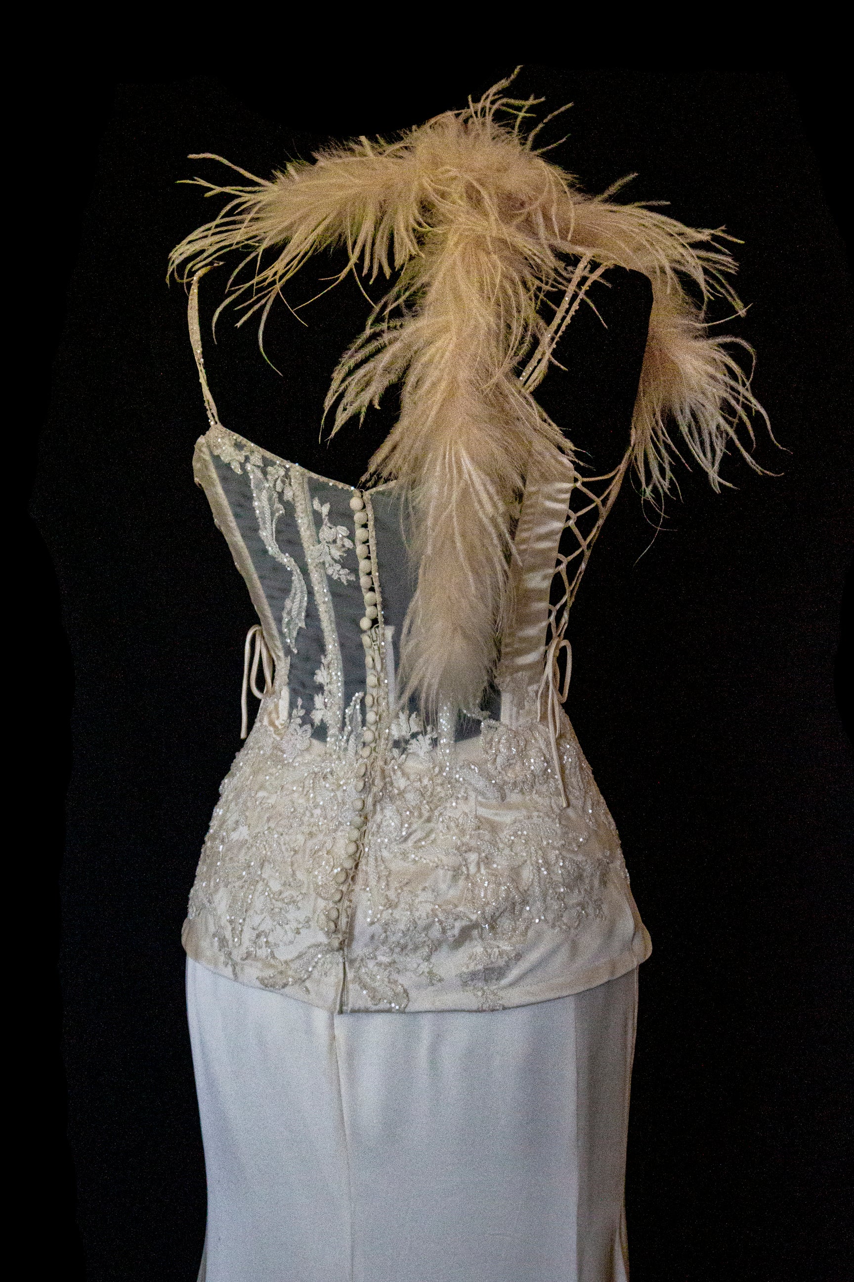 362 - VINTAGE 90s SILK BRIDAL TWO PIECE SET: EMBROIDERED BUSTIER AND FLUID CREAM SKIRT
