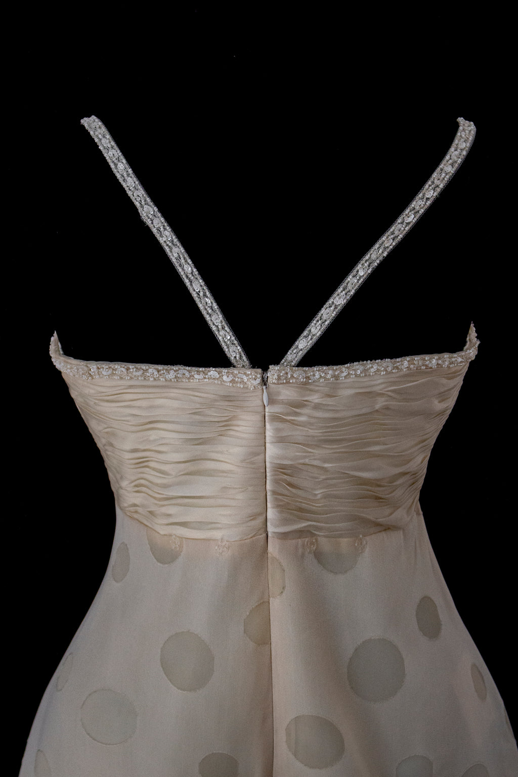 338 - IVORY CHAMPAGNE SILK ORGANZA WEDDING DRESS: POLKA / POIS DOT EMPIRE GOWN WITH BEADED STRAPS & FULL CIRCLE TRAIN - Vague atelier