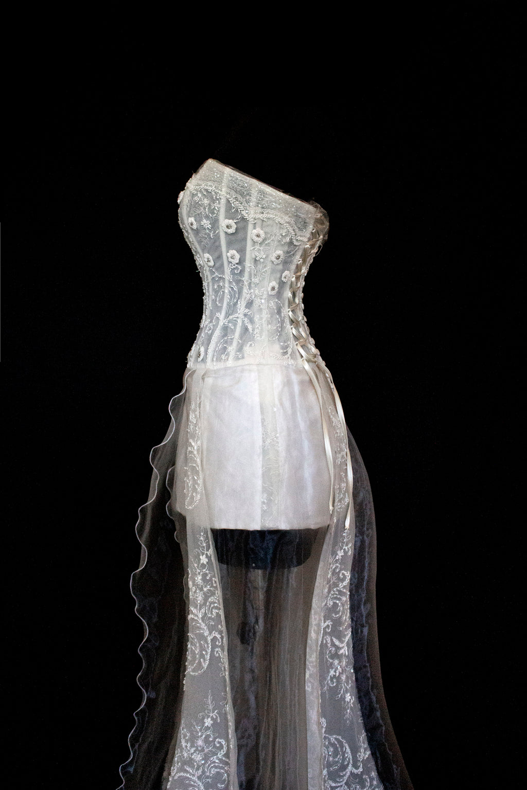 365 - VINTAGE 90s UPCYCLED EMBROIDERED WEDDING DRESS: STRAPLESS WRAP GOWN WITH IRIDESCENT DRAMA CAPE
