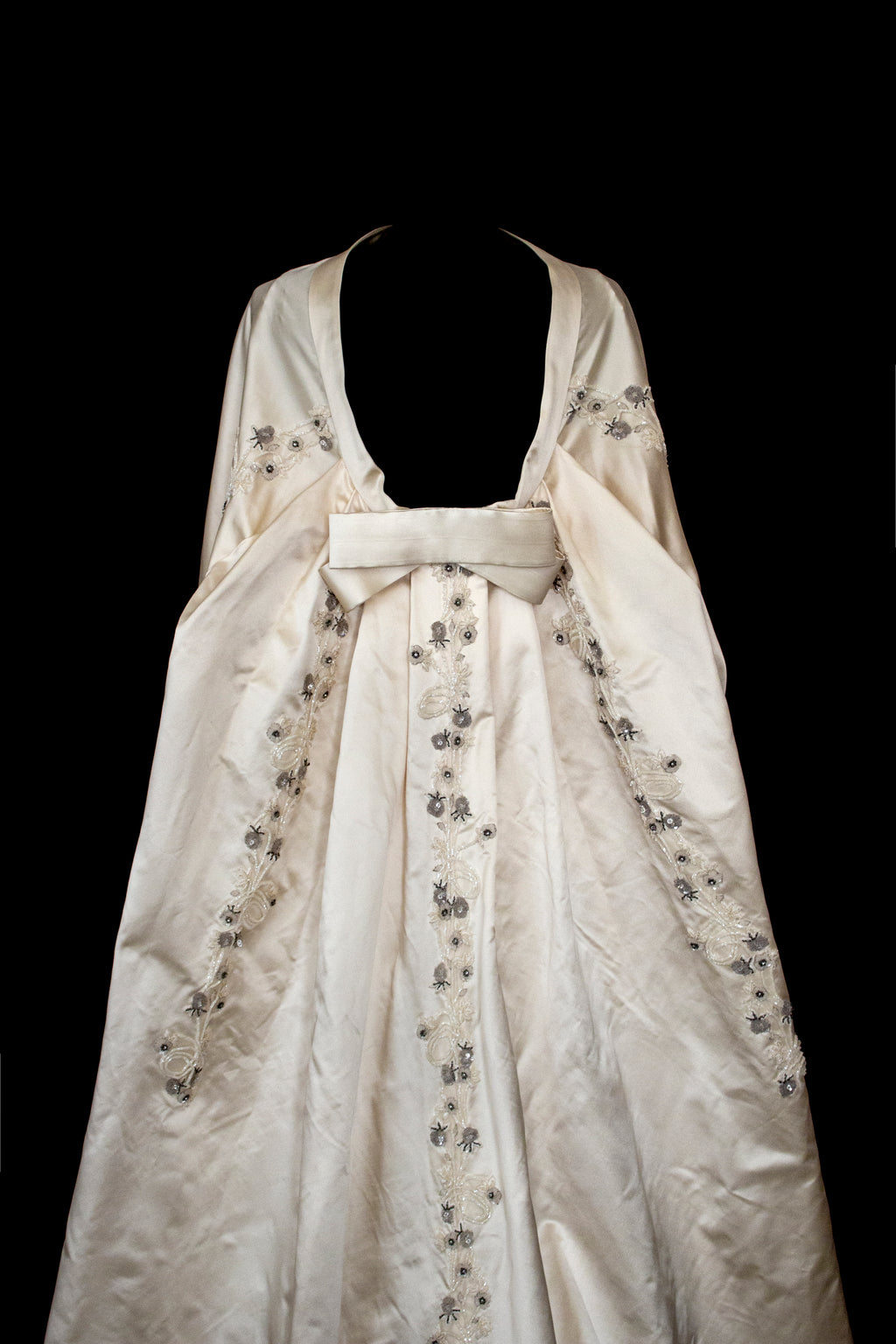 347 - UNIQUE UPCYCLED SILK SATIN WEDDING DRESS: POWDER PINK SLIP GOWN & IVORY CAPE ENSEMBLE, SILVER FLORAL EMBROIDERY, BOHO LUXURY