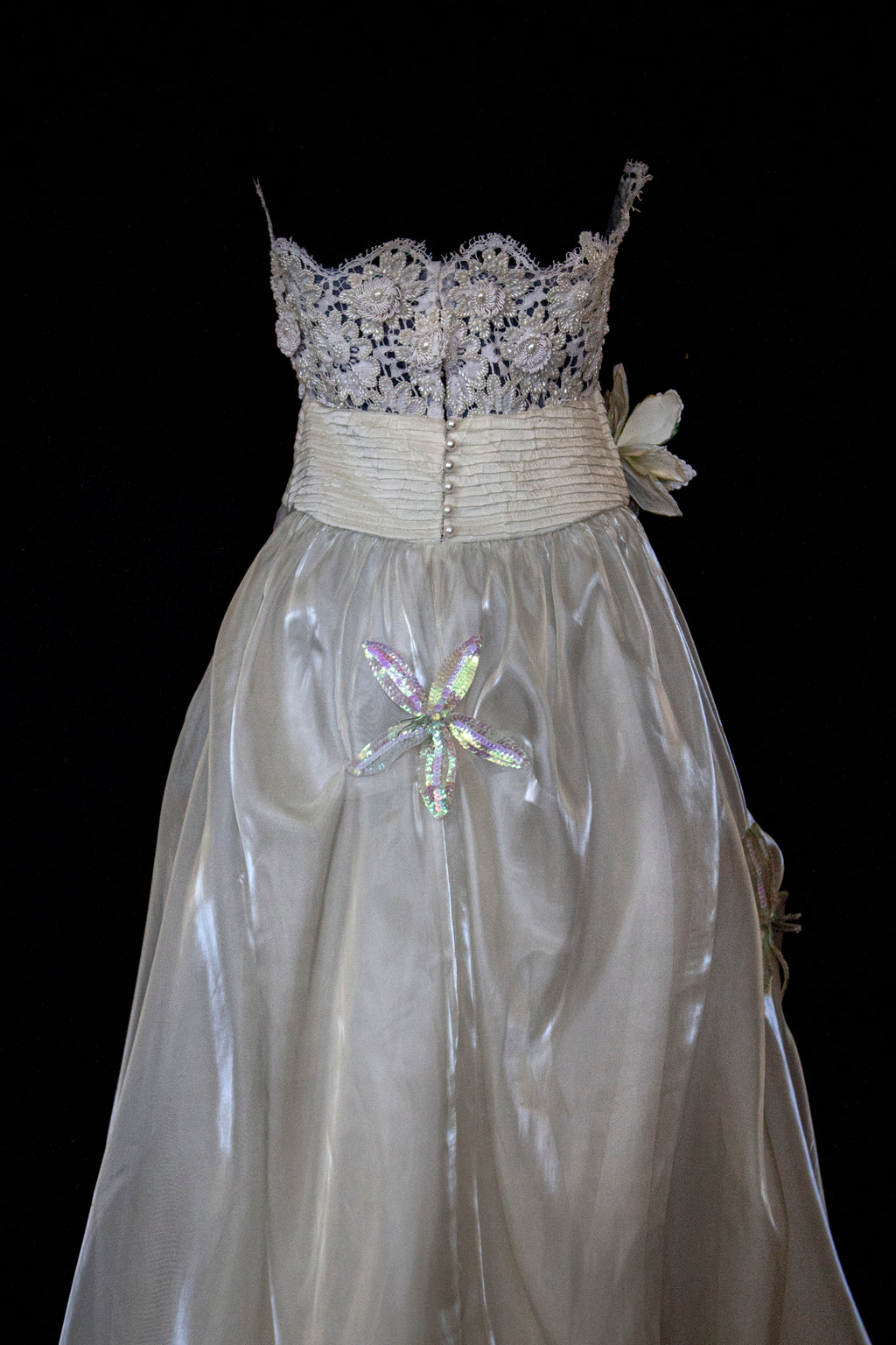 352 - UNIQUE 80S VINTAGE UPCYCLED WEDDING DRESS: EMPIRE WAIST SILK BRIDAL GOWN WITH IRIDESCENT ORGANZA & SEQUIN MAXI FLOWERS - Vague atelier