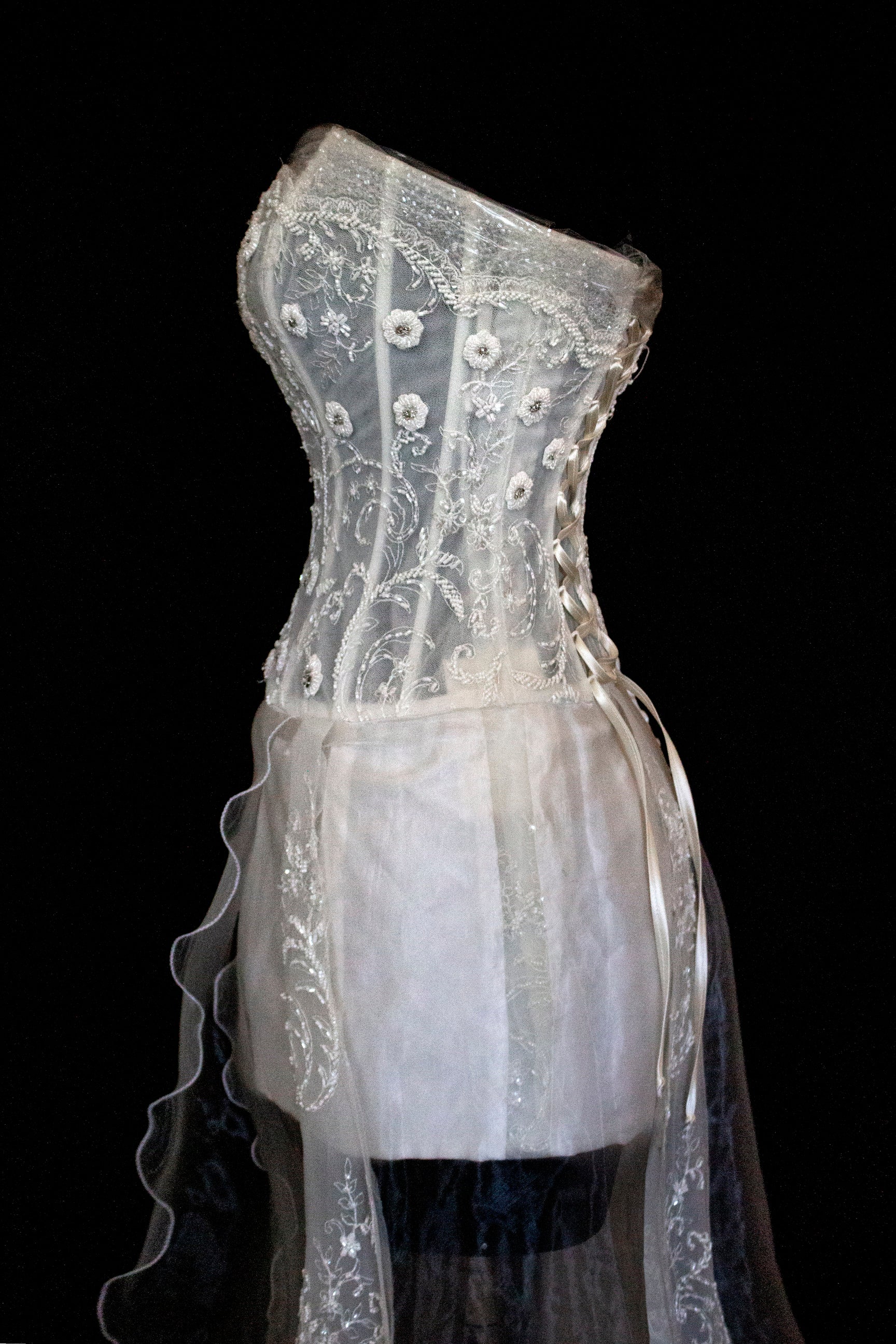 365 - VINTAGE 90s UPCYCLED EMBROIDERED WEDDING DRESS: STRAPLESS WRAP GOWN WITH IRIDESCENT DRAMA CAPE