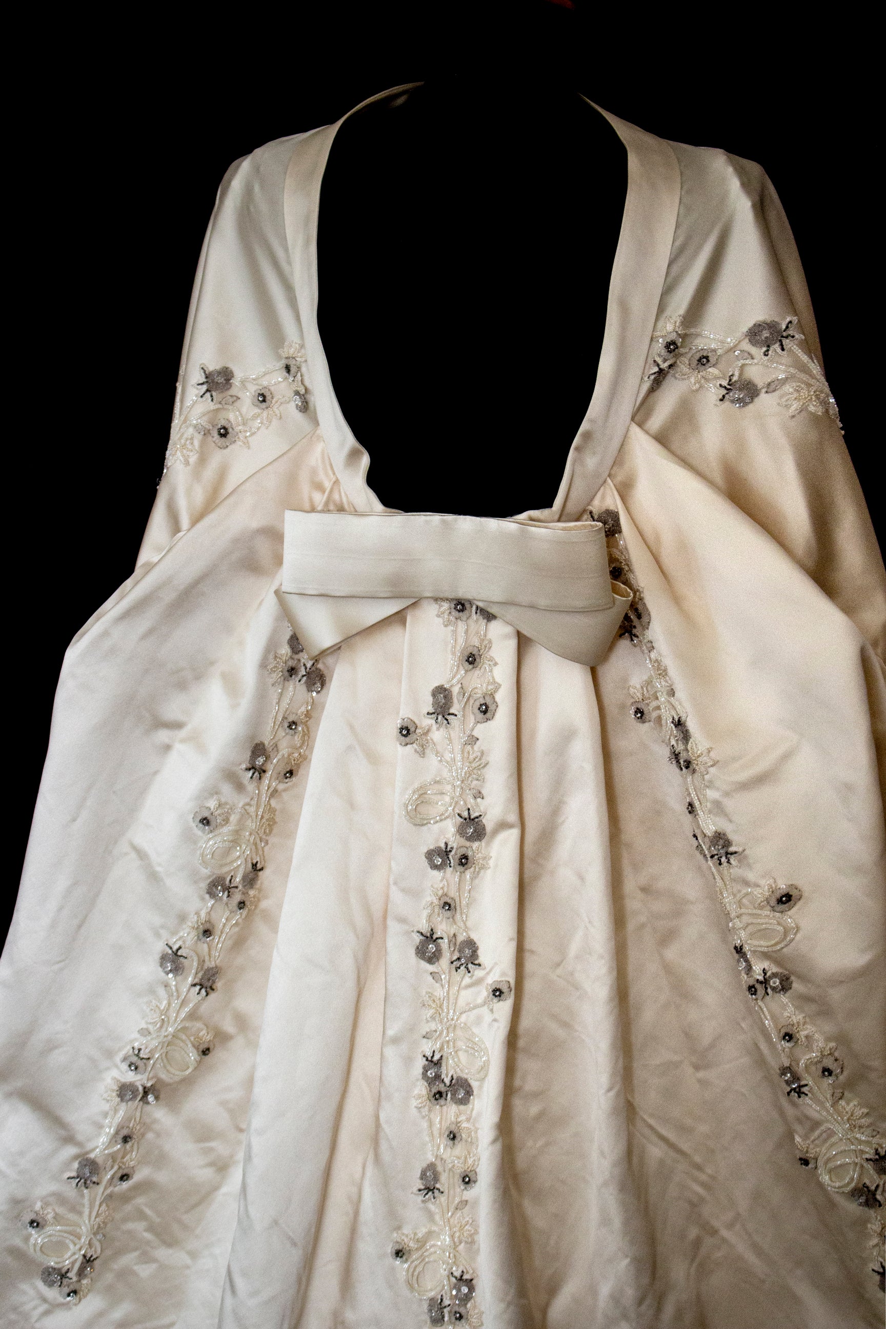 347 - UNIQUE UPCYCLED SILK SATIN WEDDING DRESS: POWDER PINK SLIP GOWN & IVORY CAPE ENSEMBLE, SILVER FLORAL EMBROIDERY, BOHO LUXURY
