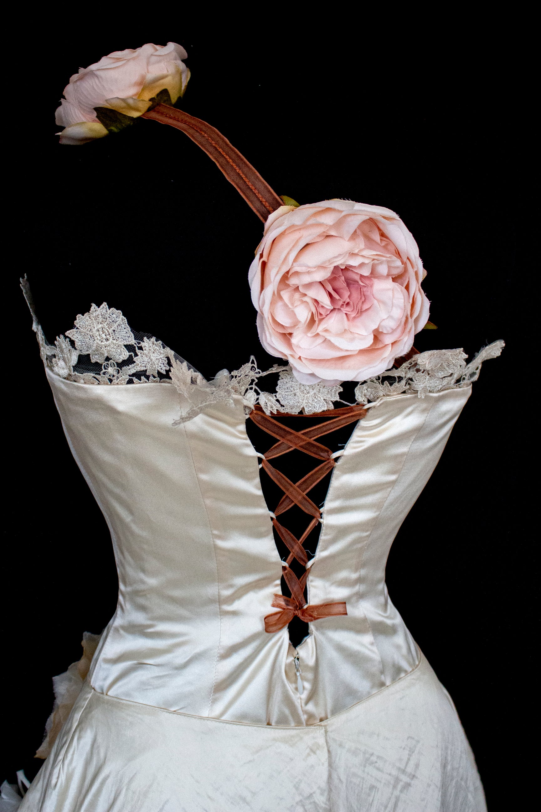 348 - UNIQUE UPCYCLED SILK MERMAID WEDDING DRESS: 90S CREAM TAFFETA GOWN WITH PINK PEONIES, EMBOSSED FLORAL DETAILS & BOHO ROMANTIC STYLE