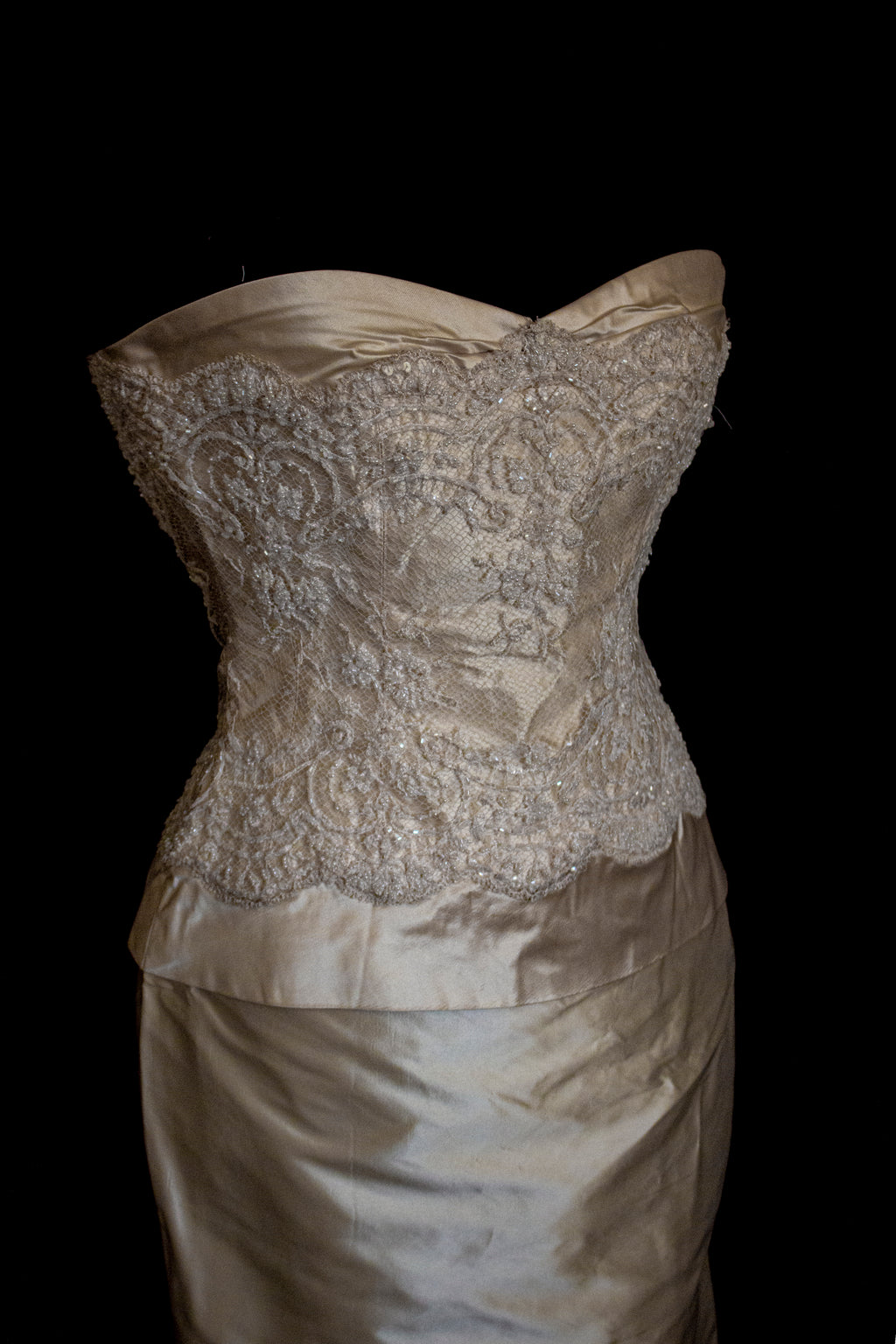334 - IVORY SILK MIKADO VINTAGE WEDDING DRESS: COLUMN GOWN WITH EMBROIDERED CAPE & CRYSTALS - Vague atelier