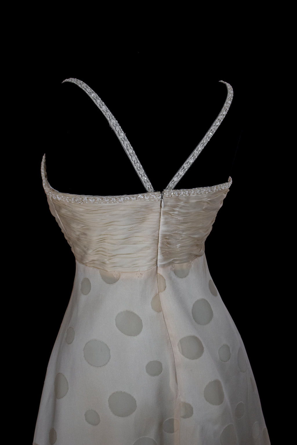 338 - IVORY CHAMPAGNE SILK ORGANZA WEDDING DRESS: POLKA / POIS DOT EMPIRE GOWN WITH BEADED STRAPS & FULL CIRCLE TRAIN - Vague atelier
