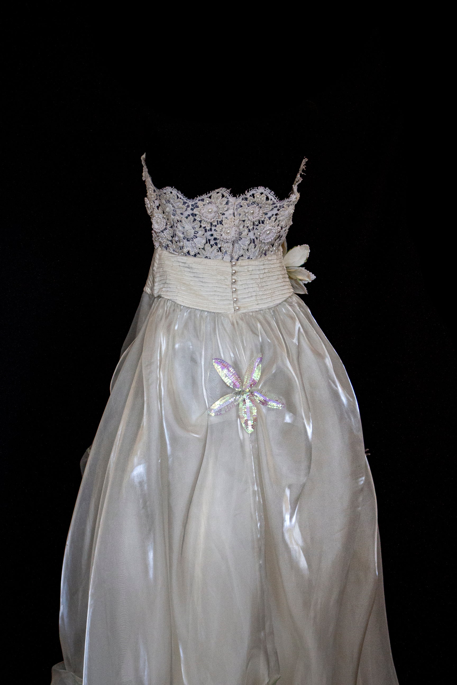 352 - UNIQUE 80S VINTAGE UPCYCLED WEDDING DRESS: EMPIRE WAIST SILK BRIDAL GOWN WITH IRIDESCENT ORGANZA & SEQUIN MAXI FLOWERS - Vague atelier