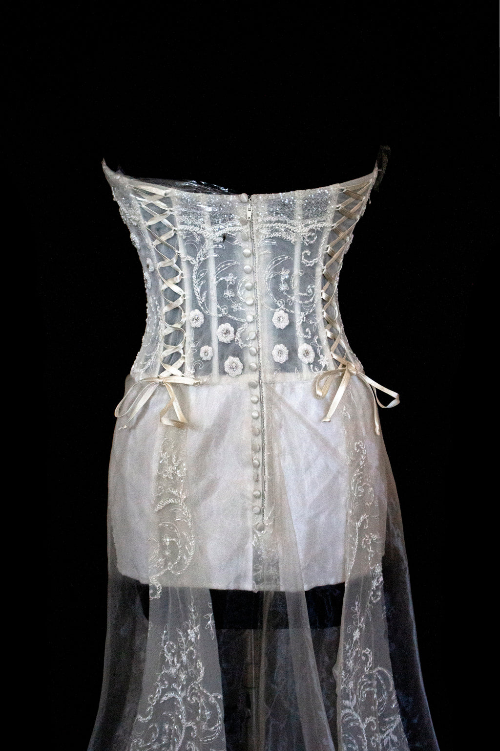 365 - VINTAGE 90s UPCYCLED EMBROIDERED WEDDING DRESS: STRAPLESS WRAP GOWN WITH IRIDESCENT DRAMA CAPE