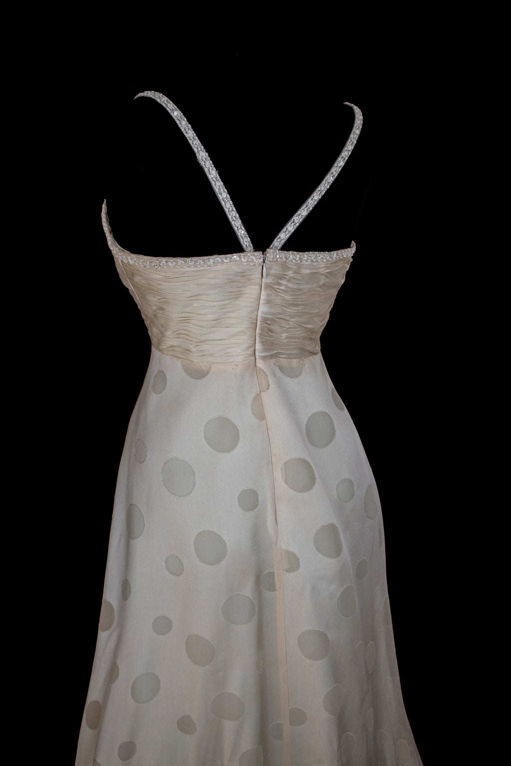 338 - IVORY CHAMPAGNE SILK ORGANZA WEDDING DRESS: POLKA / POIS DOT EMPIRE GOWN WITH BEADED STRAPS & FULL CIRCLE TRAIN - Vague atelier