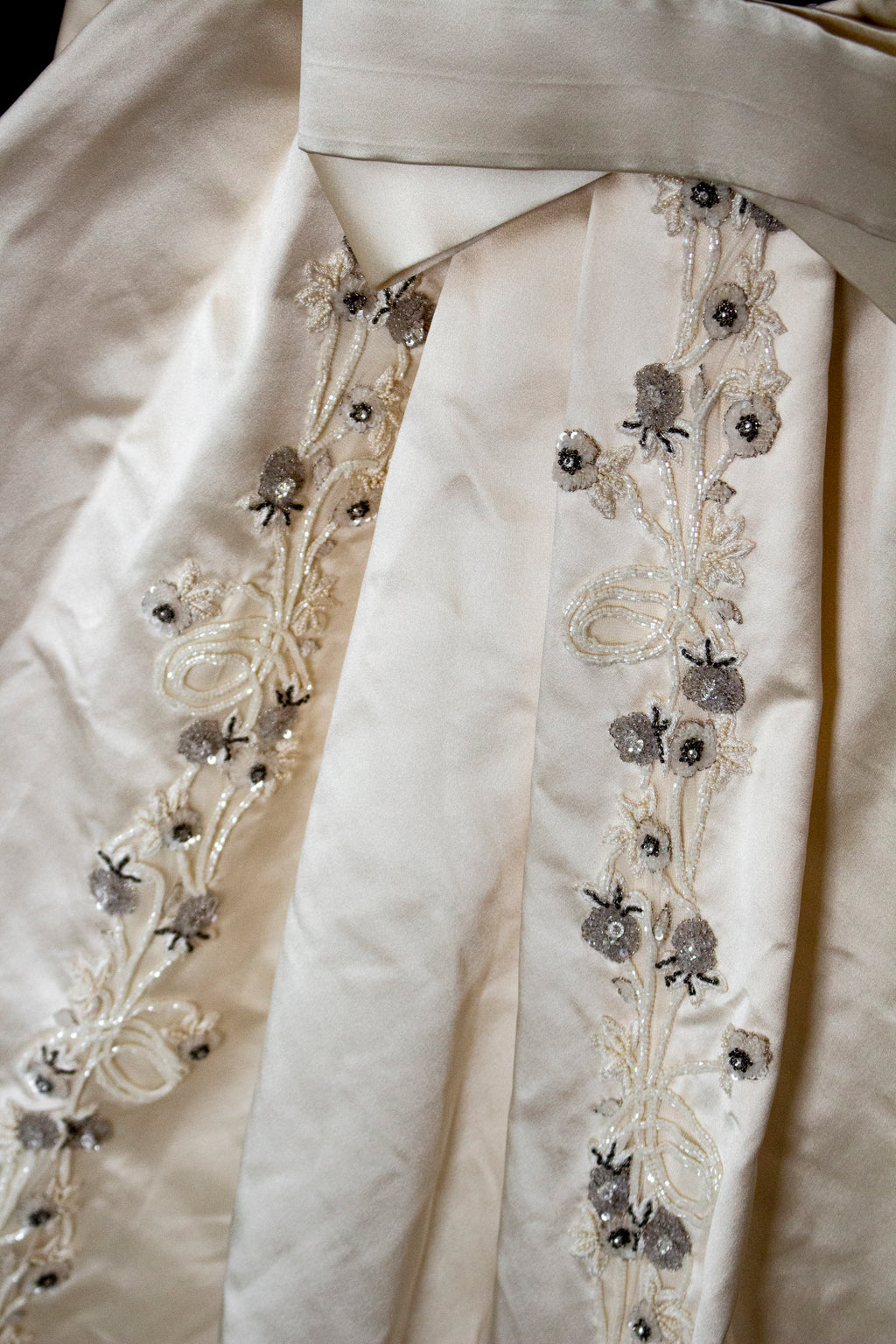 347 - UNIQUE UPCYCLED SILK SATIN WEDDING DRESS: POWDER PINK SLIP GOWN & IVORY CAPE ENSEMBLE, SILVER FLORAL EMBROIDERY, BOHO LUXURY