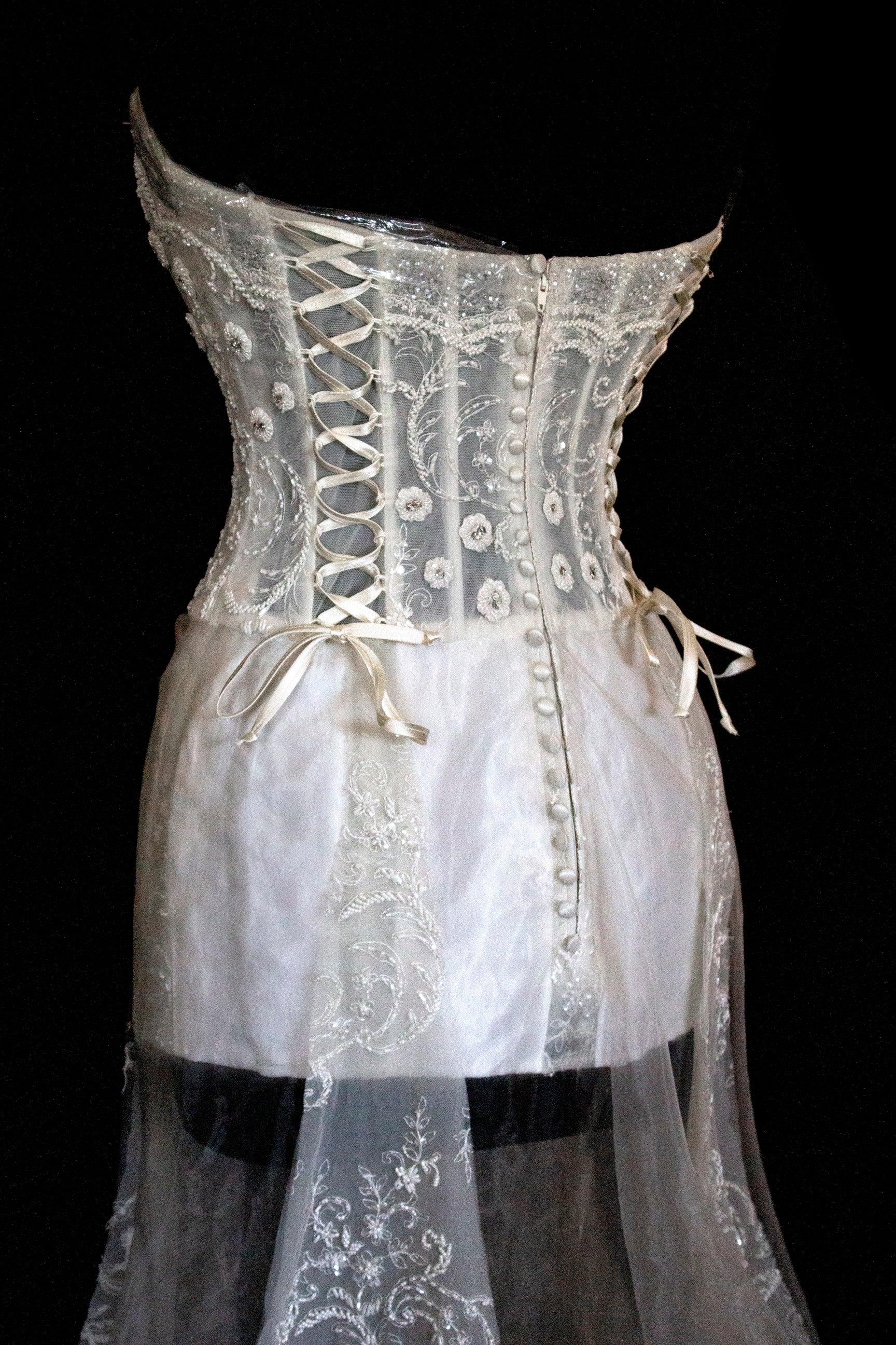 365 - VINTAGE 90s UPCYCLED EMBROIDERED WEDDING DRESS: STRAPLESS WRAP GOWN WITH IRIDESCENT DRAMA CAPE