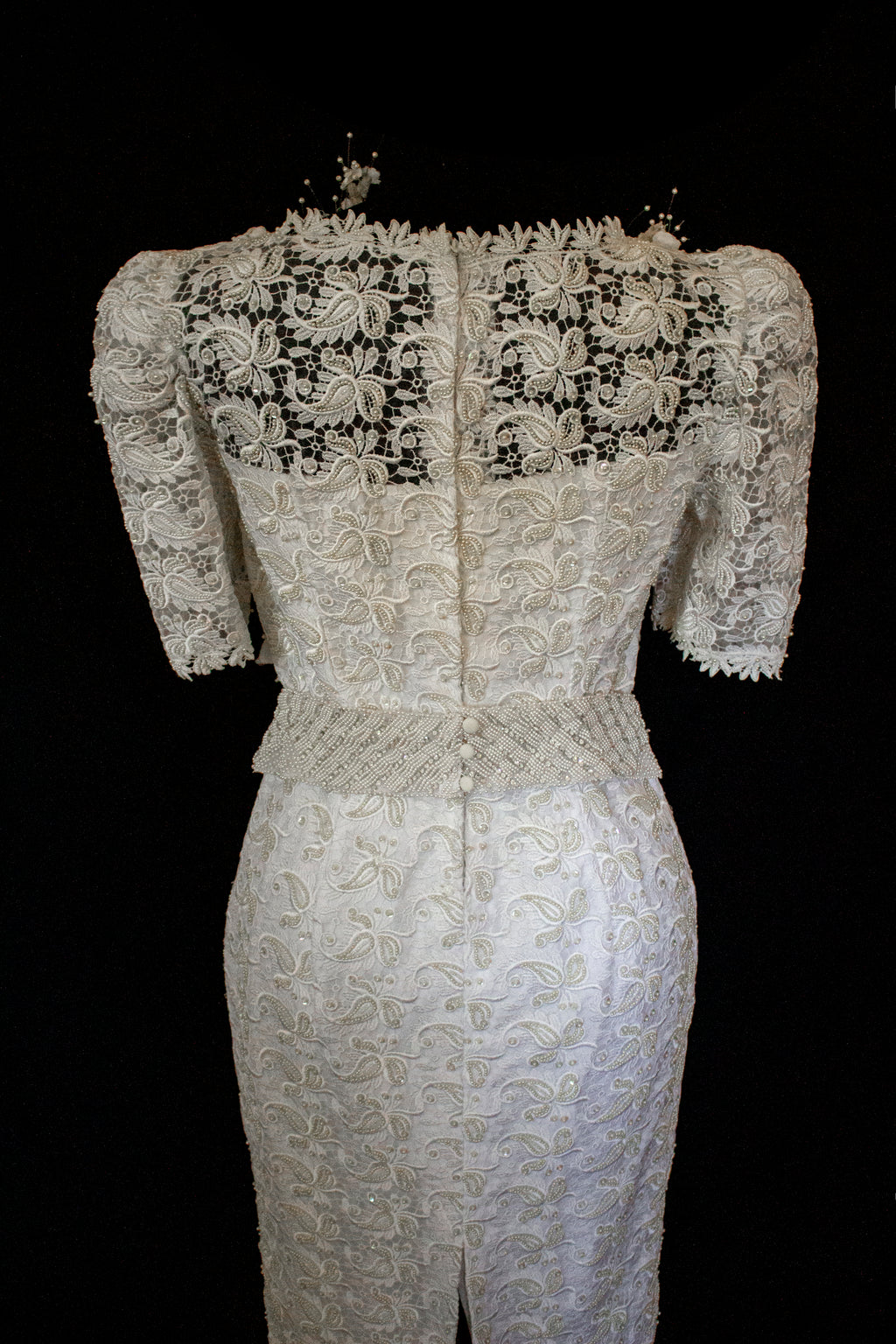 359 - VINTAGE 80s BEADED LACE SHEATH DRESS: WHITE & GOLD WEDDING GOWN WITH 3D FLORAL DETAILS