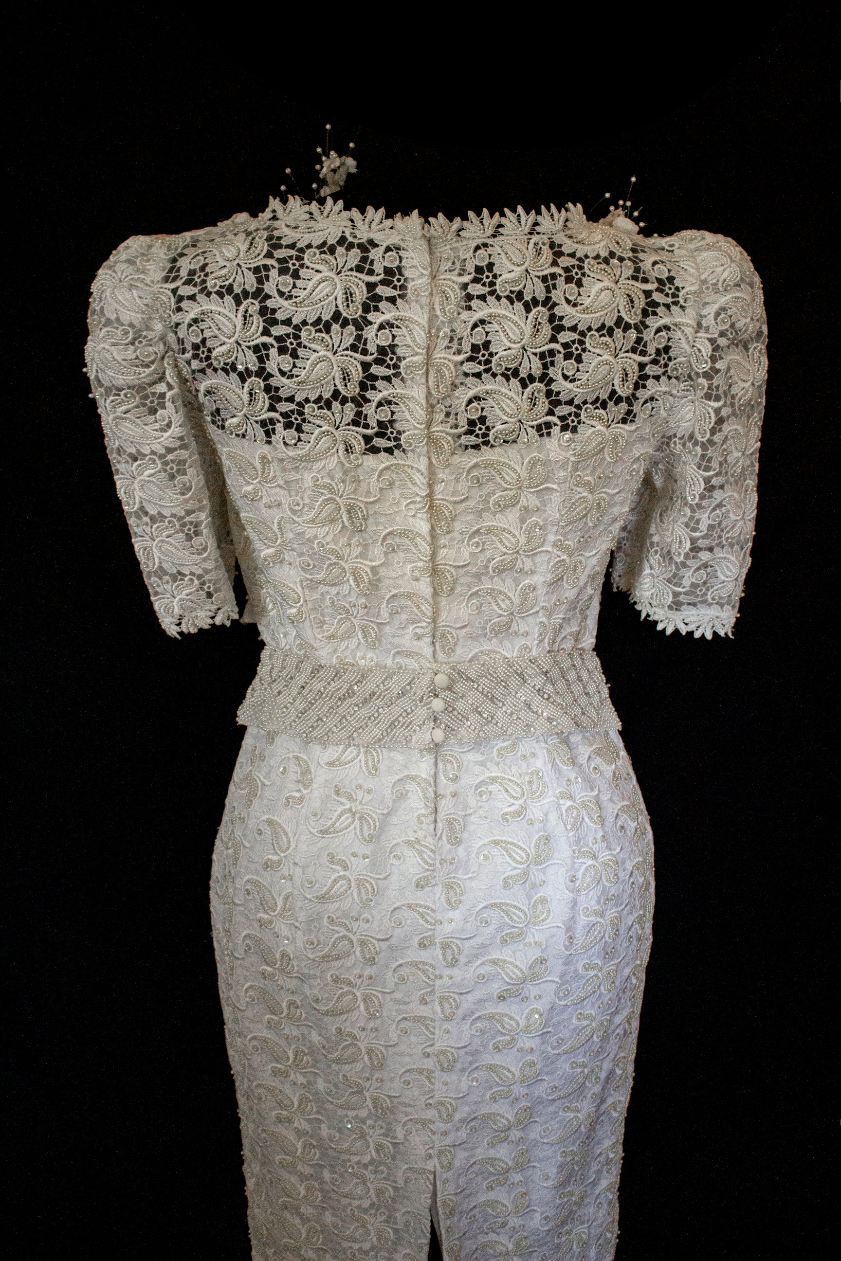 359 - VINTAGE 80s BEADED LACE SHEATH DRESS: WHITE & GOLD WEDDING GOWN WITH 3D FLORAL DETAILS