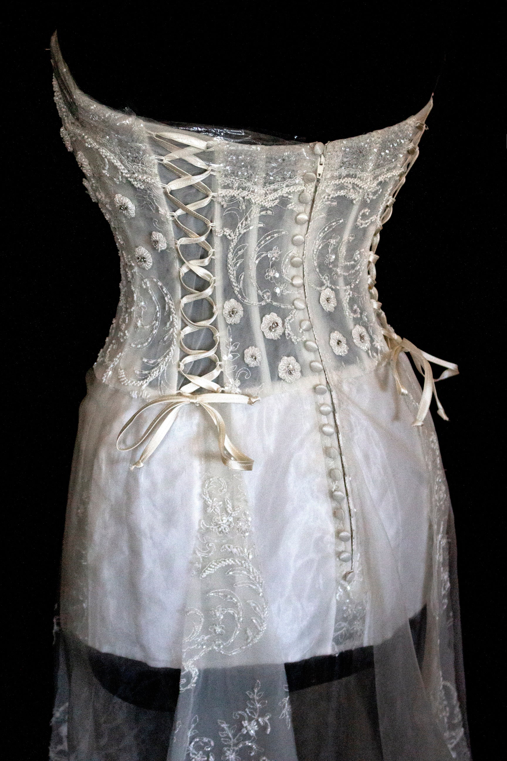 365 - VINTAGE 90s UPCYCLED EMBROIDERED WEDDING DRESS: STRAPLESS WRAP GOWN WITH IRIDESCENT DRAMA CAPE