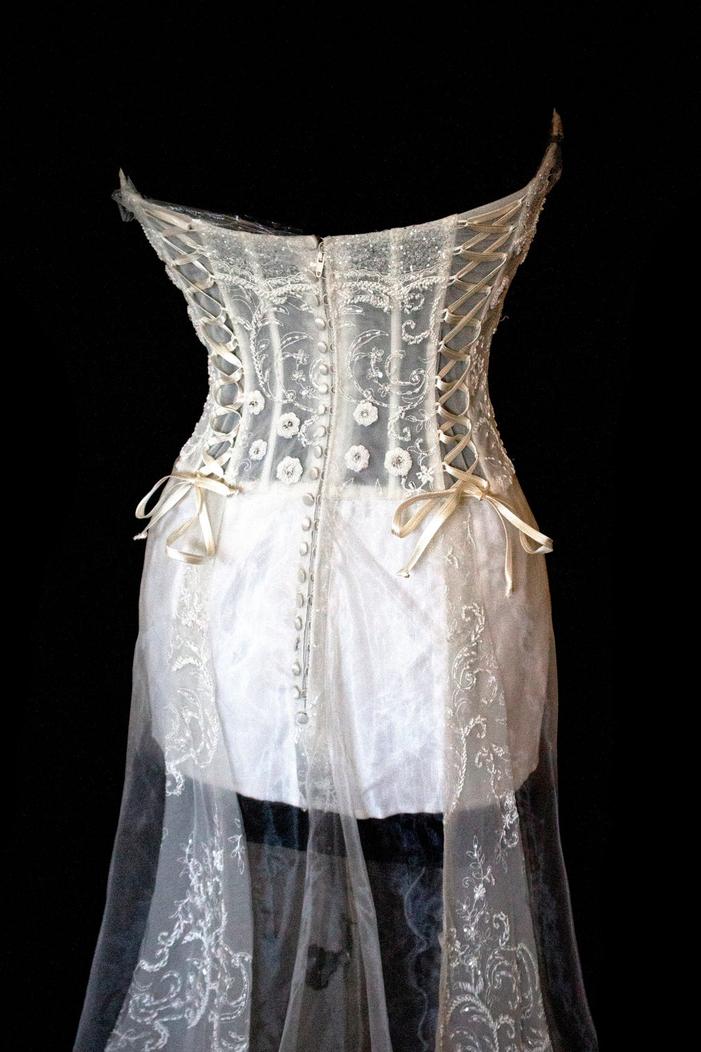 365 - VINTAGE 90s UPCYCLED EMBROIDERED WEDDING DRESS: STRAPLESS WRAP GOWN WITH IRIDESCENT DRAMA CAPE