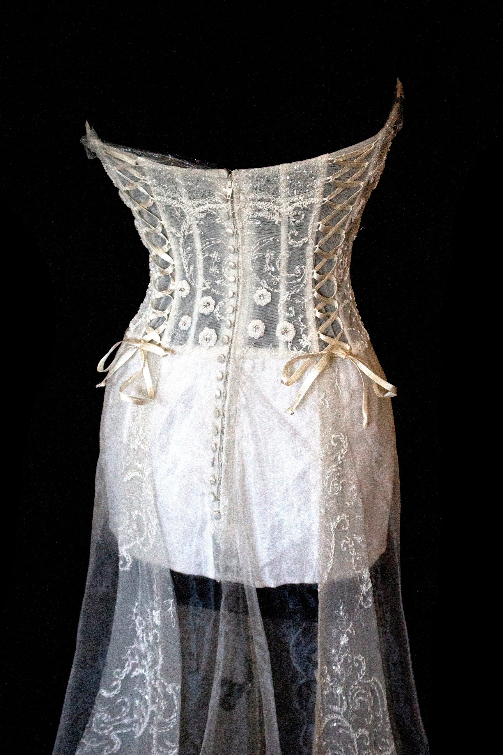 365 - VINTAGE 90s UPCYCLED EMBROIDERED WEDDING DRESS: STRAPLESS WRAP GOWN WITH IRIDESCENT DRAMA CAPE