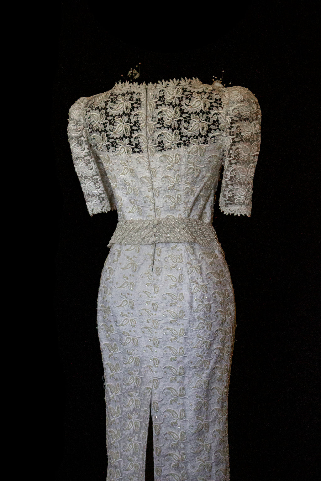 359 - VINTAGE 80s BEADED LACE SHEATH DRESS: WHITE & GOLD WEDDING GOWN WITH 3D FLORAL DETAILS