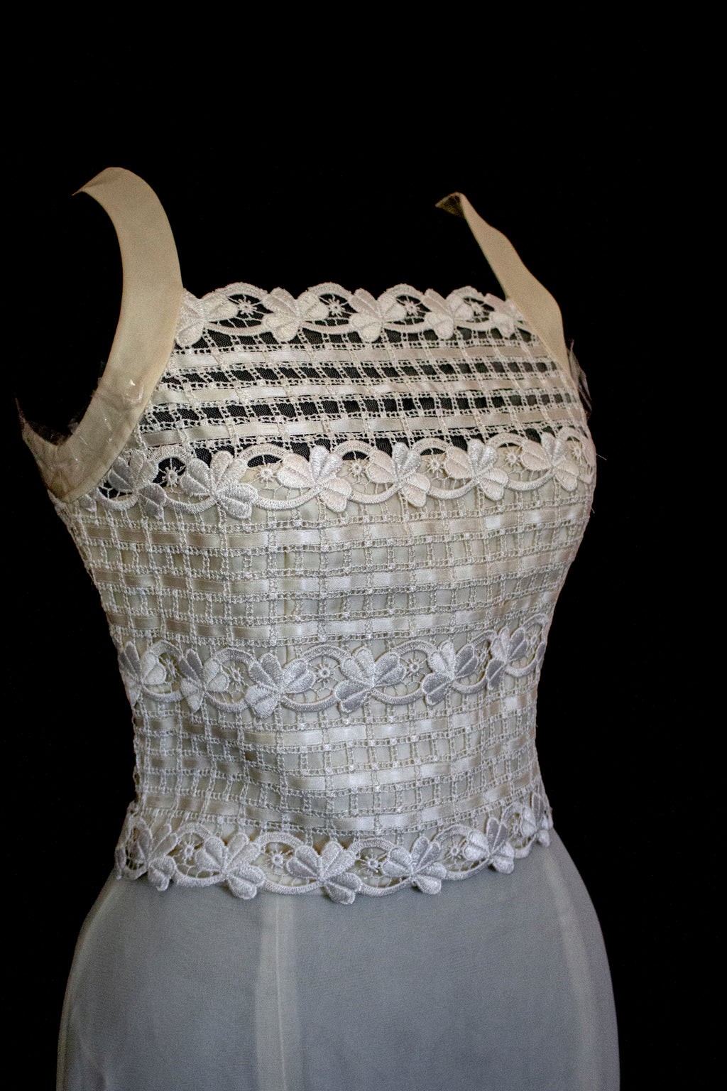 364 - VINTAGE 90s UPCYCLED TULLE AND MACRAME WEDDING DRESS: 2-PIECE ROMANTIC GOWN WITH FLOREAL LACE