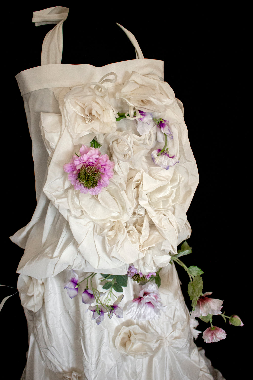 297- UNIQUE ROMANTIC VINTAGE SILK TAFFETA ENSEMBLE: BALLOON TOP & 3D MULTICOLOR FLORAL SKIRT - Vague atelier