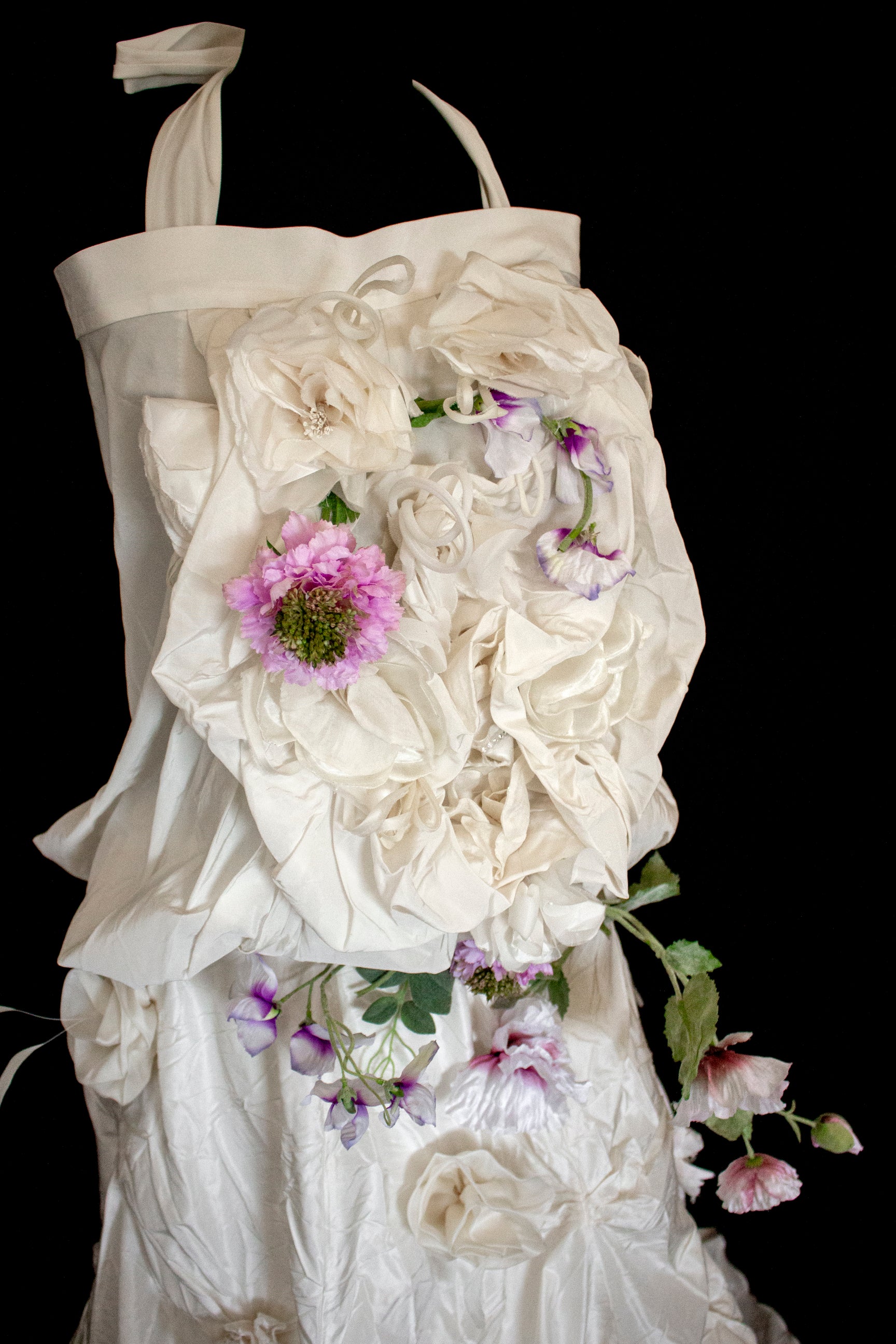 297- UNIQUE ROMANTIC VINTAGE SILK TAFFETA ENSEMBLE: BALLOON TOP & 3D MULTICOLOR FLORAL SKIRT - Vague atelier