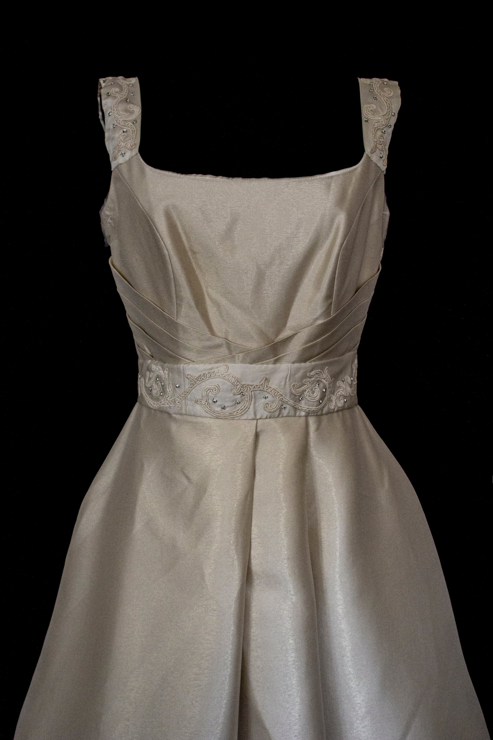 307 - REGAL BRONZE SILK MIKADO WEDDING DRESS: A-LINE GOWN WITH ANTIQUE 1960S EMBROIDERY