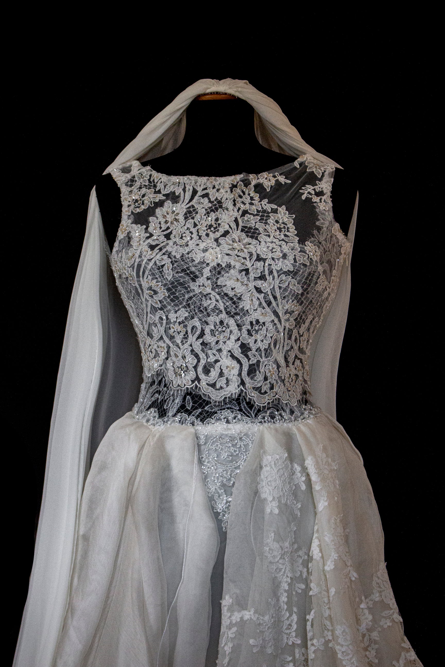 331 - ONE OF A KIND UPCYCLED VINTAGE BRIDAL GOWN: ASYMMETRIC LAYERED SILK CLOUD SKIRT & EMBROIDERED LACE - Vague atelier